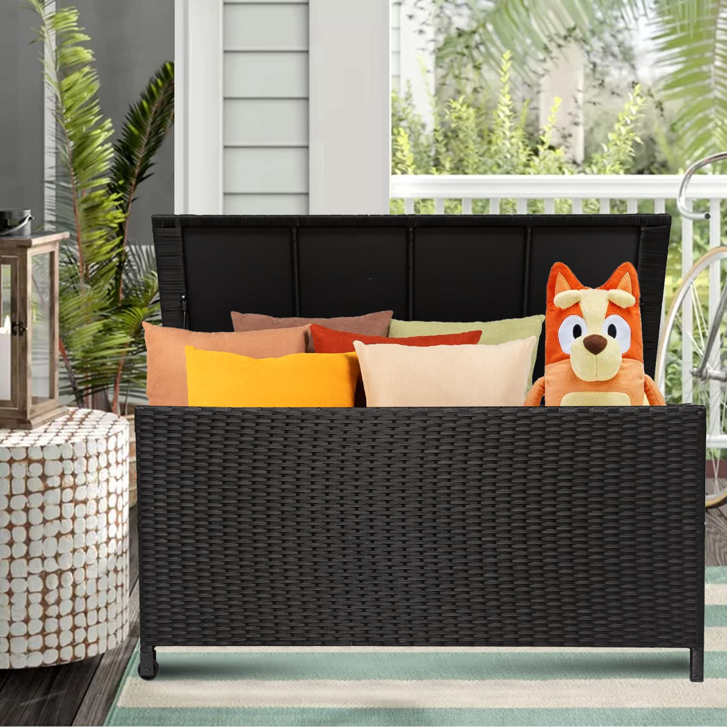 120 Gallon Outdoor Storage Box with Wheels & Handrails - Waterproof Rattan Deck Box for Garden Pillows, Patio Cushions, Pool Toys - Large Weatherproof Storage Bin for Backyard, Poolside & Patio Organization (Black)