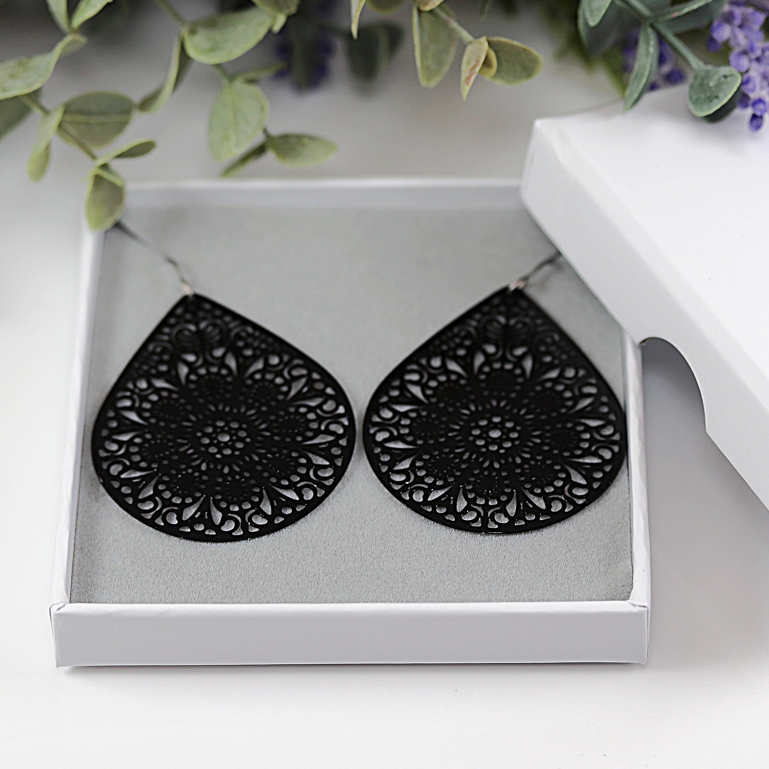 Lightweight Black Lace Cutout Dangle Earrings with Hypoallergenic Titanium Hooks - Elegant Teardrop Design for Women, Perfect for Parties, Weddings & Evening Events