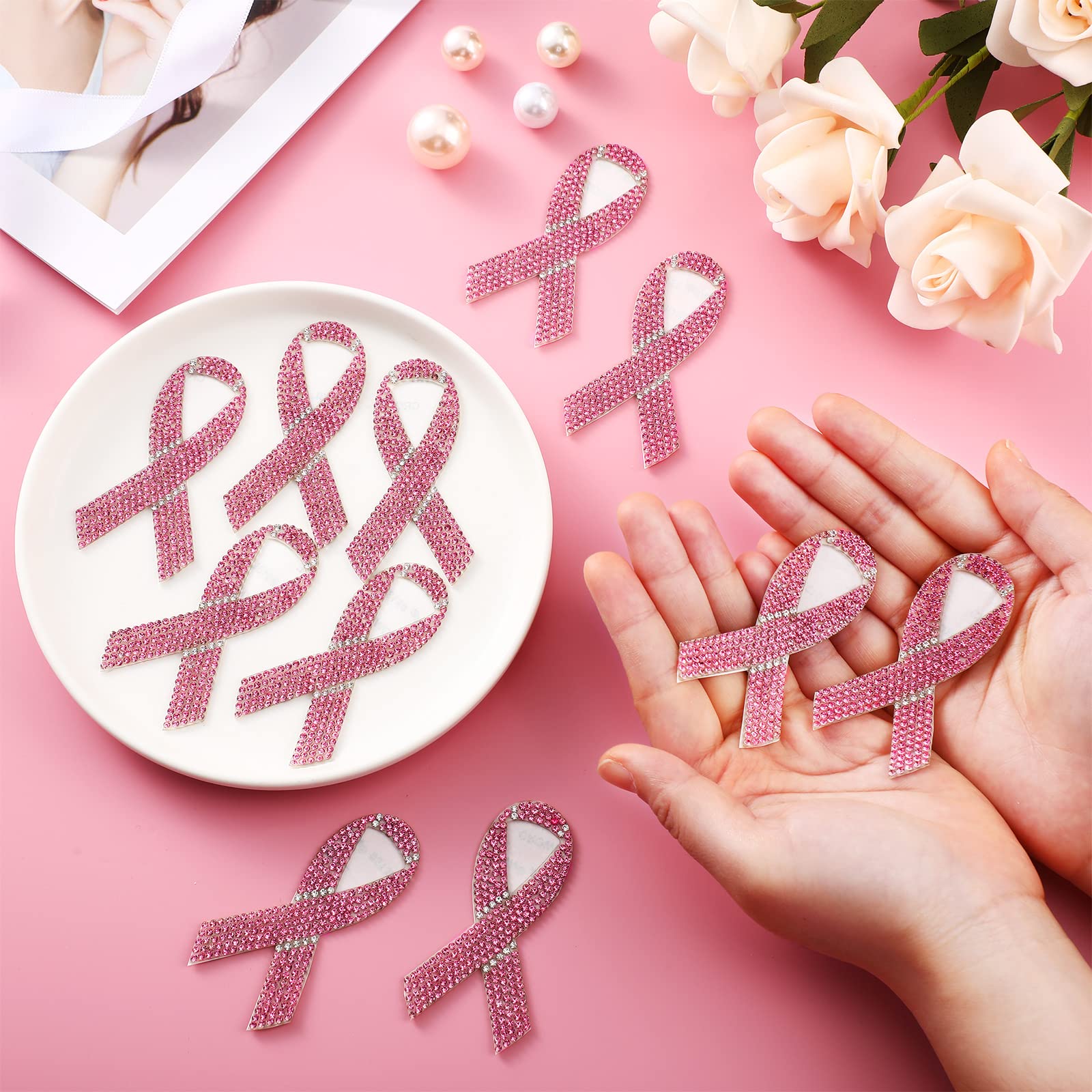 Yilloog 36 Pcs Pink Ribbon Breast Cancer Awareness Iron-On Patches - Self-Adhesive Rhinestone & Embroidered Sew-On Appliques for Clothes, Jeans, Jackets (DIY Craft, Fundraising Events, Survivor Gifts)