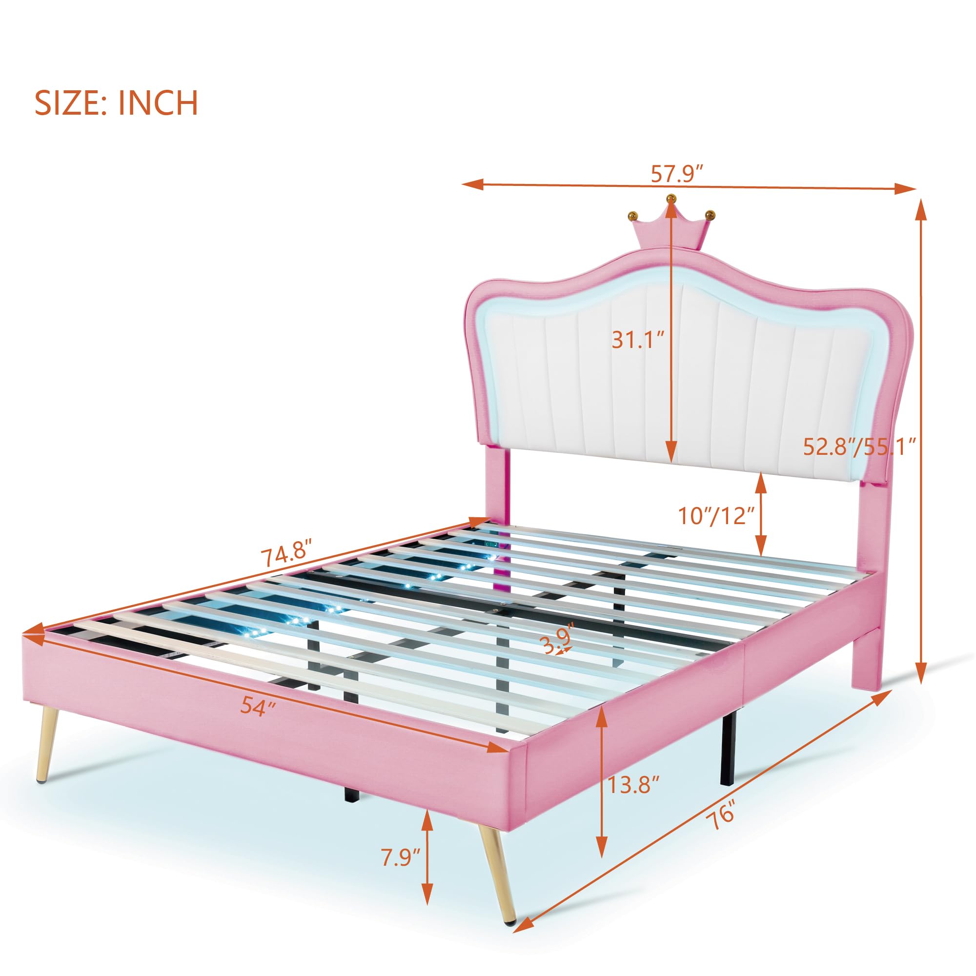 Harper & Bright Designs Full Size Princess Bed with Crown Headboard & LED Lights, PU Upholstered Platform Bed Frame with Adjustable Headboard for Kids, Boys & Girls - White & Pink | Perfect for Bedroom Decor, Kids' Room, Princess Themed Nursery & Sleepovers