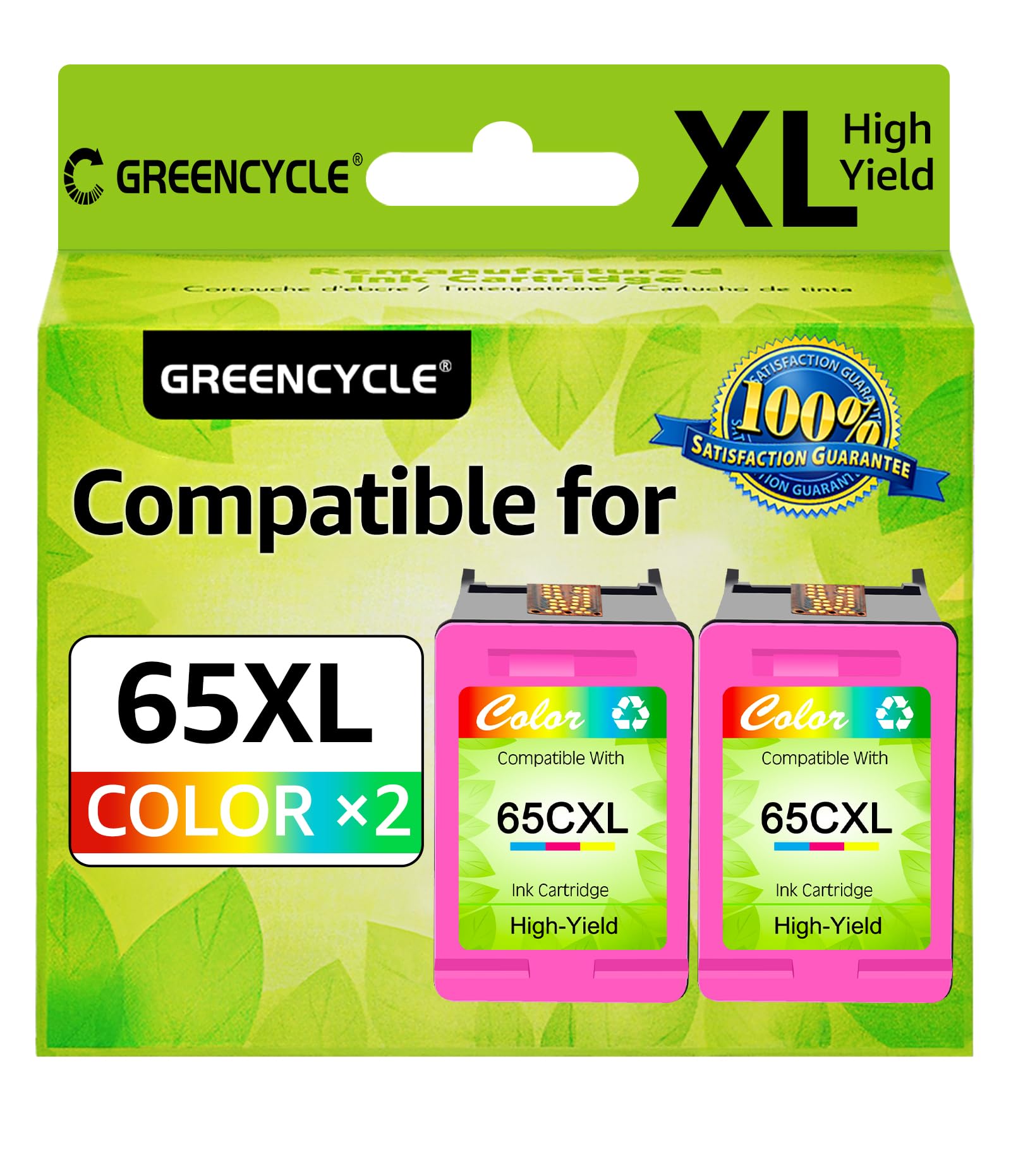 Greencycle Remanufactured HP 65 & 65XL Ink Cartridge (2 Pack, Tri-Color) - Compatible with Envy 5055/5052, Deskjet 2655/3755/2622/2624/3758/3752/3732/3730/3722/3721 Printers - Ideal for Home Office Printing & School Projects