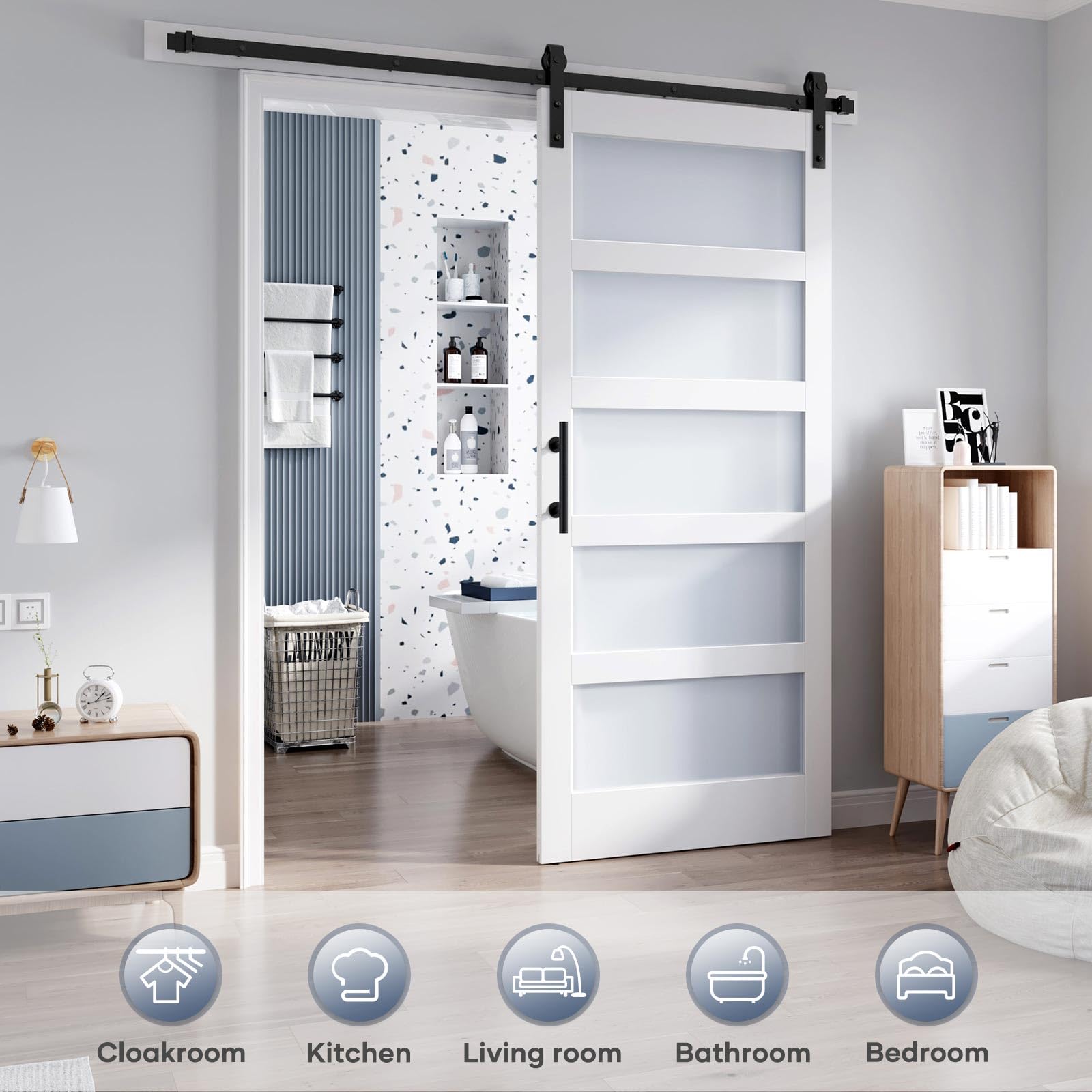 38x84 Inch Frosted Glass Sliding Barn Door with 6.6ft Hardware Kit - White Waterproof & Scratch-Resistant PVC LVL Wood Panel - Easy DIY Installation for Bedroom, Closet, or Home Office