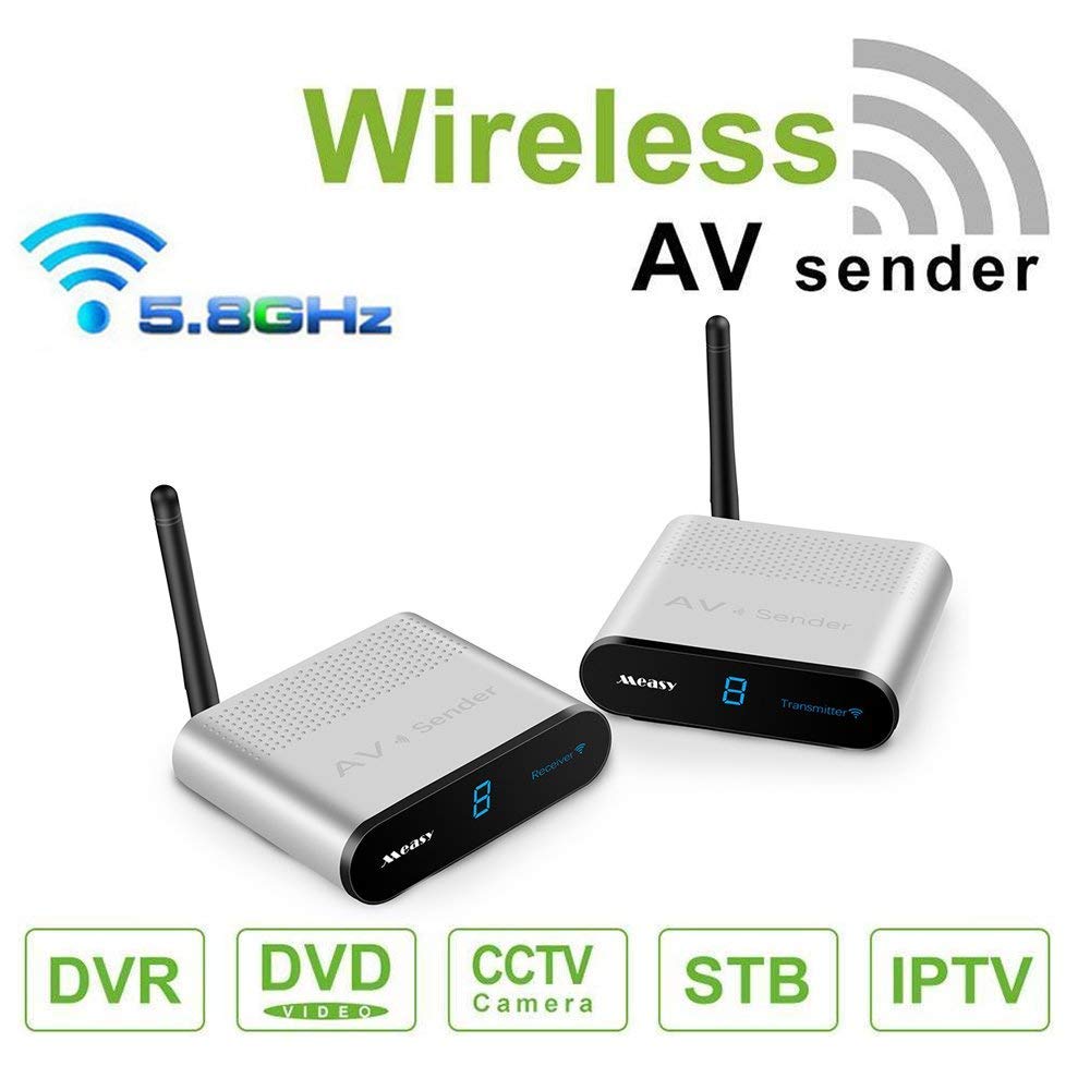 Wireless AV Transmitter and Receiver Kit - Measy AV530 HD Video Audio Transmitter & Receiver for TV, Monitor, Camera (300m/1000ft Range, RCA Extender, Silver) - Perfect for Home Theater, Surveillance Systems, and Presentations