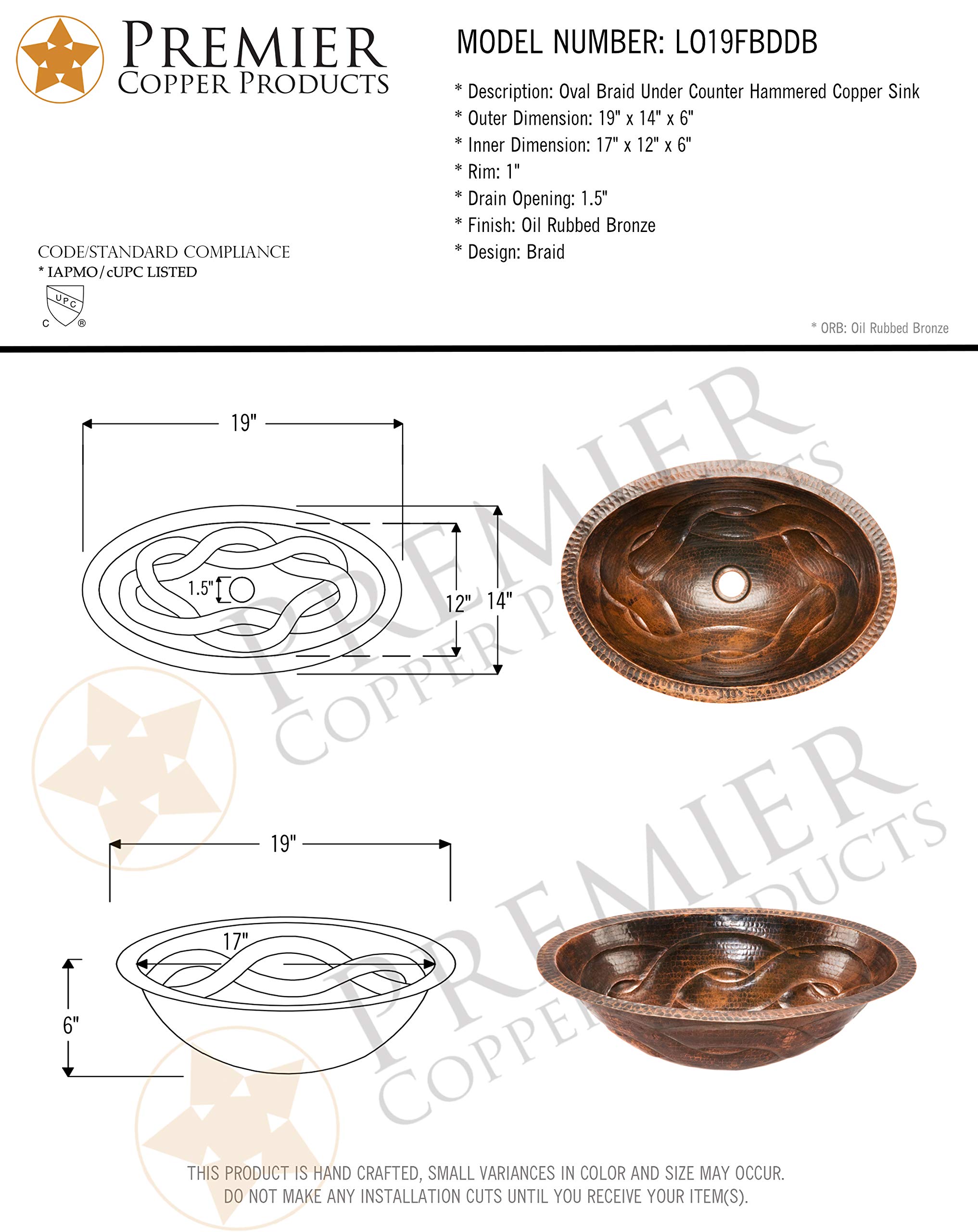 Premier Copper 19-Inch Oval Braided Undermount Hammered Copper Sink - Oil Rubbed Bronze Finish - Perfect for Farmhouse Kitchen & Bathroom Vanity