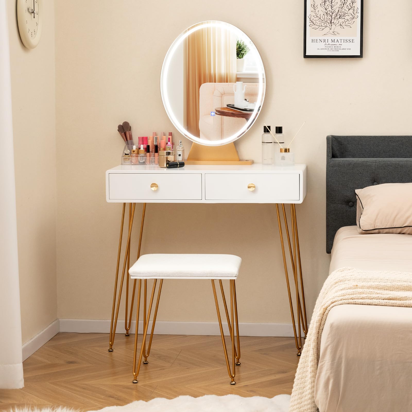 Charmaid White & Gold Makeup Vanity Table with LED Lighted Mirror, 2 Large Drawers, Adjustable 3 Lighting Modes - Modern Dressing Table with Stool for Small Spaces | Perfect for Bedroom, Dorm Room, and Apartment Makeup Station