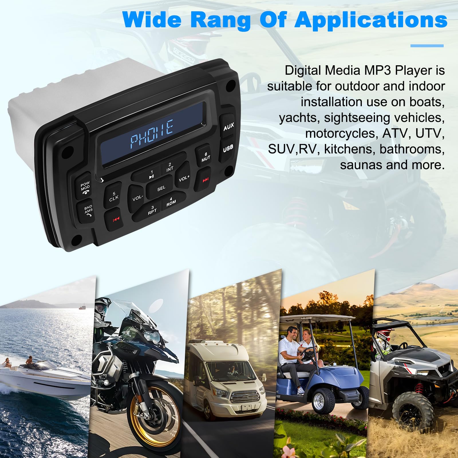 Geloo Marine Waterproof AM/FM Radio Receiver with AUX-in, Subwoofer Pre-Amp EQ, Digital MP3 Player & USB Input - Perfect for Boats, Motorcycles, Golf Carts & Trucks | Weatherproof Stereo System for Outdoor Adventures