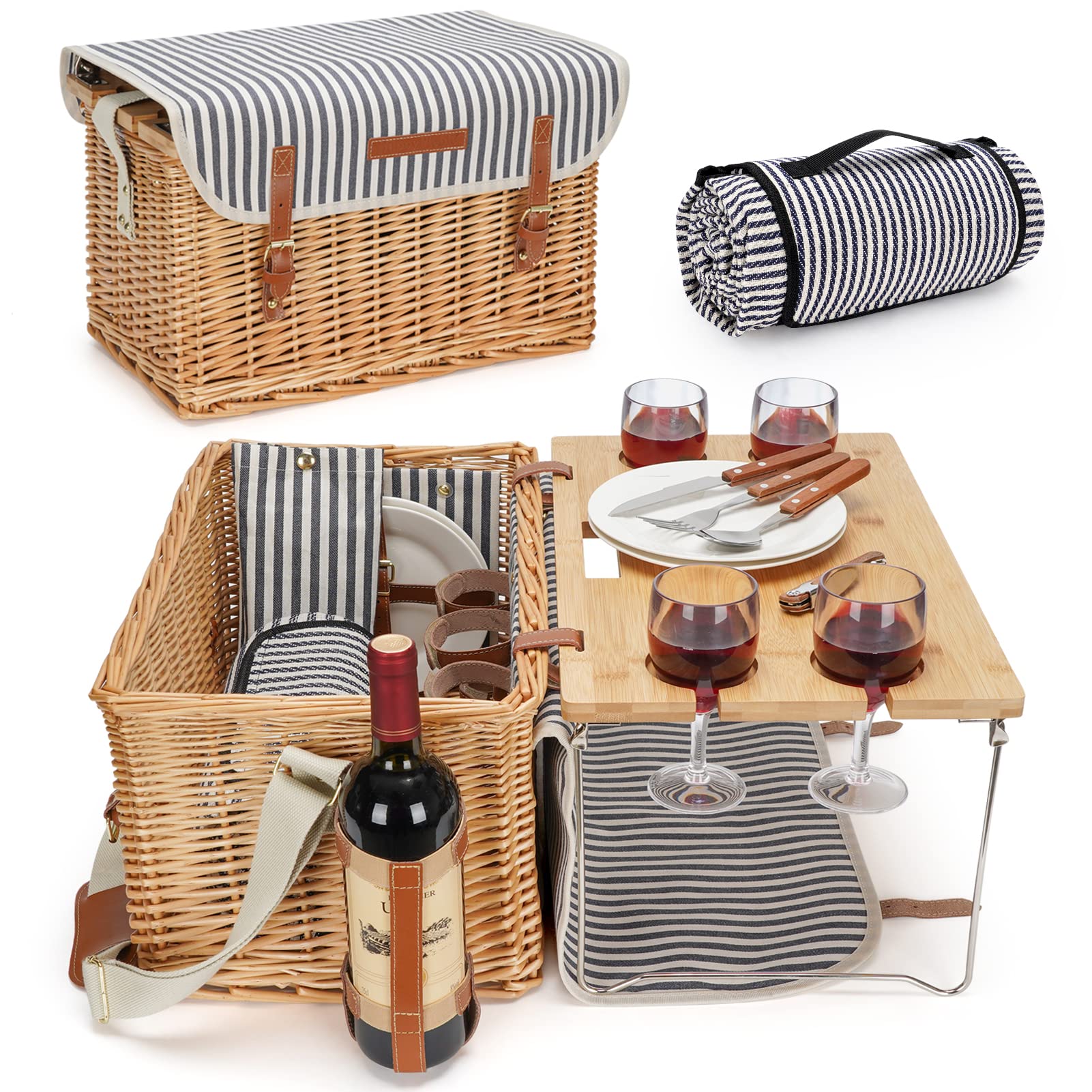 4-Person Wicker Picnic Basket Set with Blanket & Bamboo Wine Table - Portable Willow Hamper for Camping, Beach, Outdoor Parties & Romantic Dates - Perfect Picnic Gift for Couples & Families