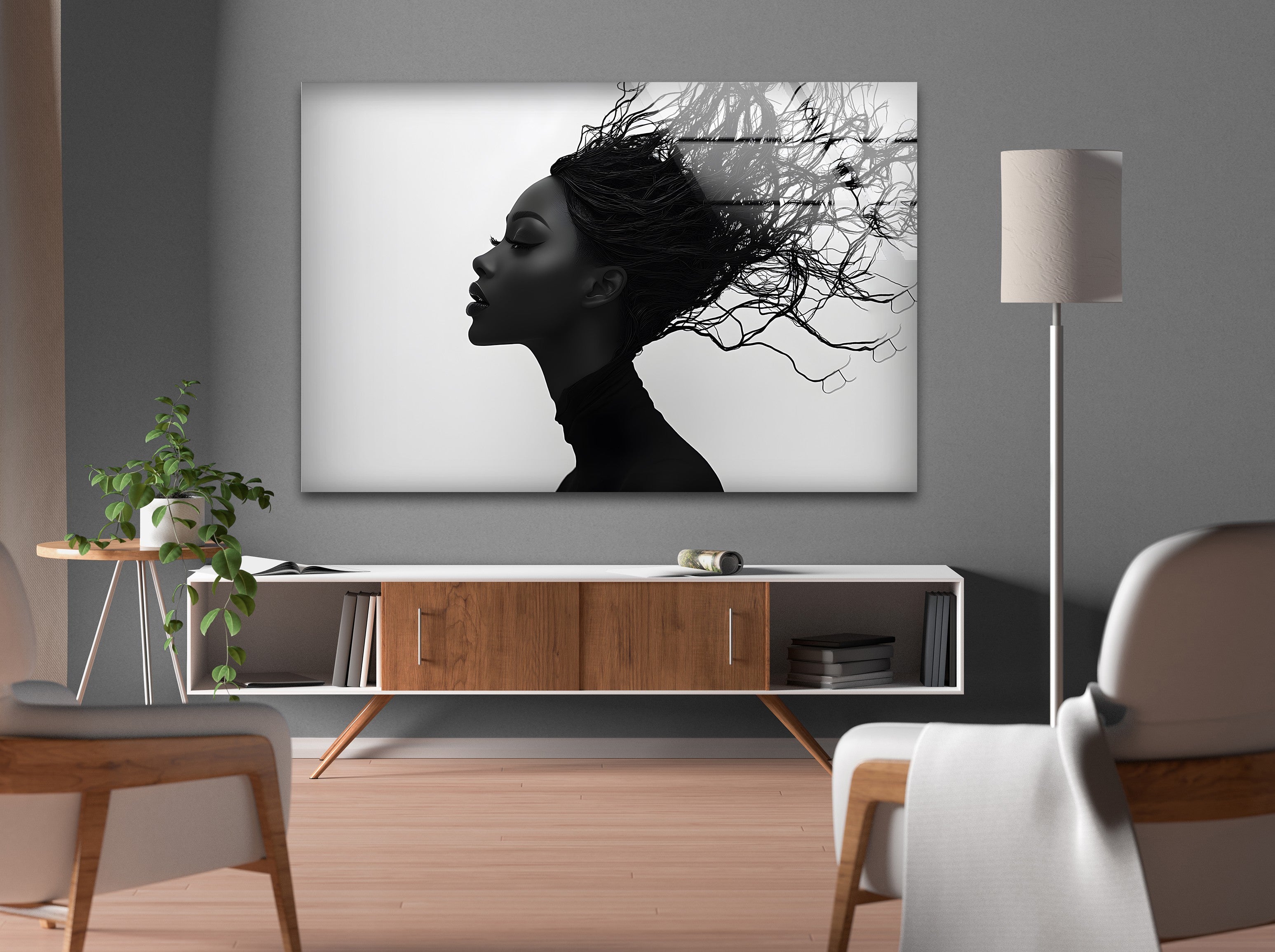 Abstract Black & White Portrait Wall Art - Elegant Woman with Flowing Hair Canvas Print for Modern Home & Office Decor | Living Room, Bedroom, Gallery Wall Display