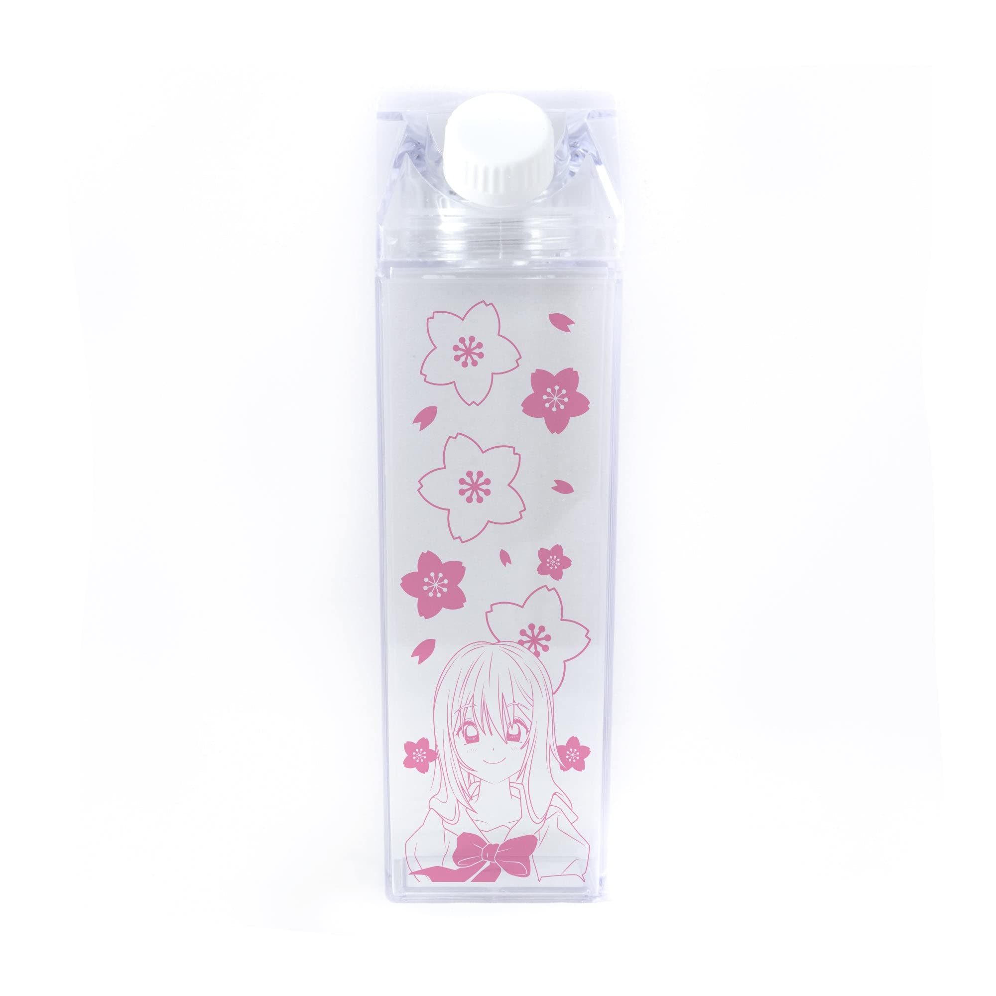 TEESANDTANKYOU Sakura Flowers Milk Carton Water Bottle 500ml (16.9oz) - BPA Free Clear Plastic Reusable Bottle for School, Office, Gym & Outdoor Activities