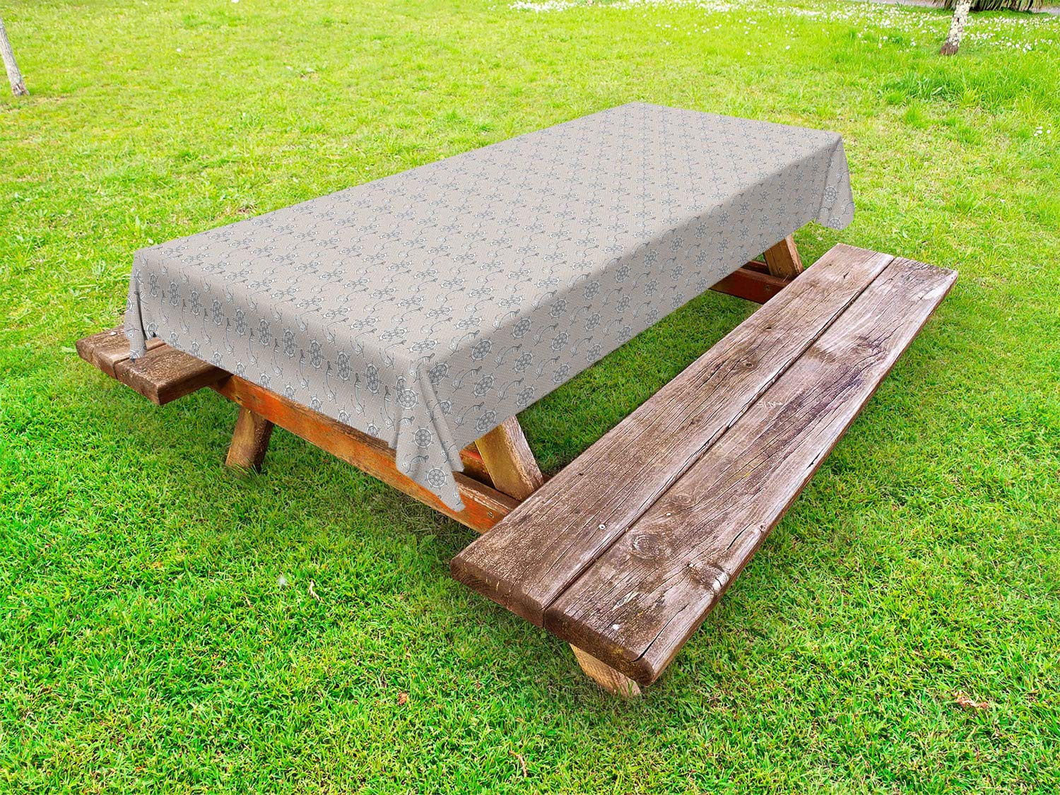 Ambesonne Nautical Outdoor Tablecloth - Anchors & Ship Wheels Design on Polka Dot Background, Marine Adventure Yacht Theme, Washable Picnic Table Cover 58x120 Inches, Pale Sepia & White - Perfect for Beach Parties, Boat Dinners & Outdoor Decor