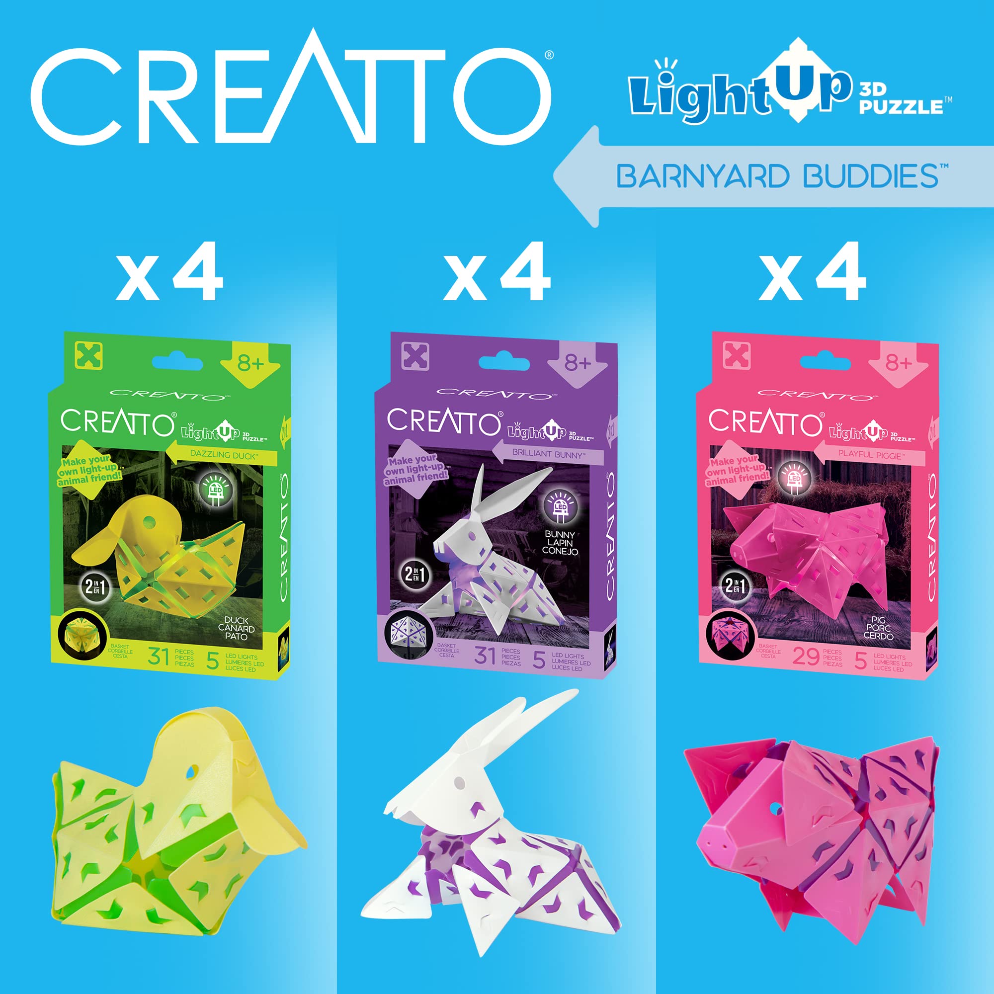 Creatto Barnyard Buddies – 3D Light-Up Puzzle Kit with LED Lights | DIY Building Toy Set for Kids (Brilliant Bunny, Dazzling Ducky, Playful Piggie) | 12-Piece Educational STEM Gift | Perfect for Birthday Parties, Easter Baskets, Christmas Stocking Stuffers & Night Light Decor