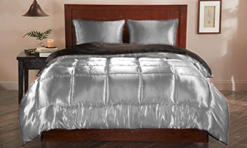 Luxury 3-Piece Silver Grey Satin Silk Comforter Set - Full Size Bedding with 1 Comforter & 2 Pillowcases - Ultra Soft Cotton Home Decor for Master Bedroom, Guest Room & Hotel Style Bedding - Perfect for All Seasons Comfort