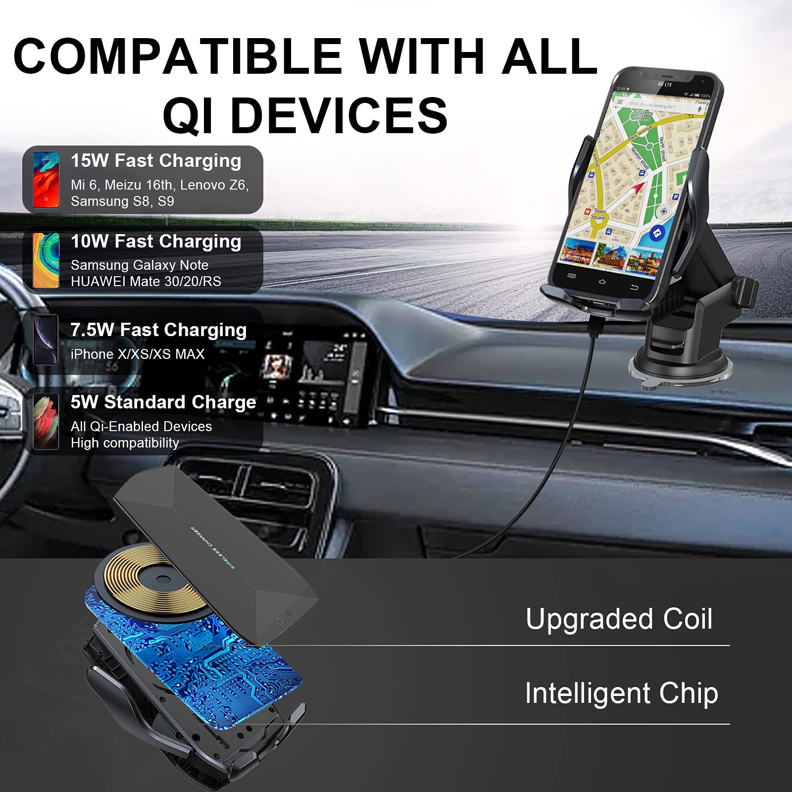 15W Qi Fast Wireless Car Charger Mount - Auto-Clamping Phone Holder for iPhone 13/12/11, Samsung S20/S10/S9/S8, LG - Air Vent, Windshield & Dashboard Mount with Long Arm & Suction Cup - Perfect for Commuting, Road Trips & GPS Navigation