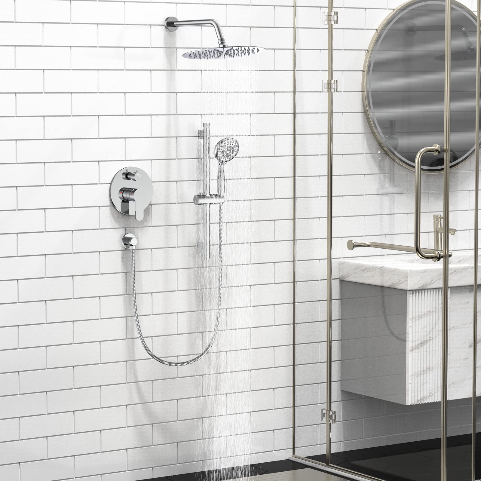 SR SUN RISE 3-Function Round Shower System with Adjustable Slide Bar & 6-Setting Handheld Shower Head - 12 Inch Wall Mounted Bathroom Faucet Set with Valve in Polished Chrome - Perfect for Modern Home Bathroom Renovation and Spa-Like Shower Experience