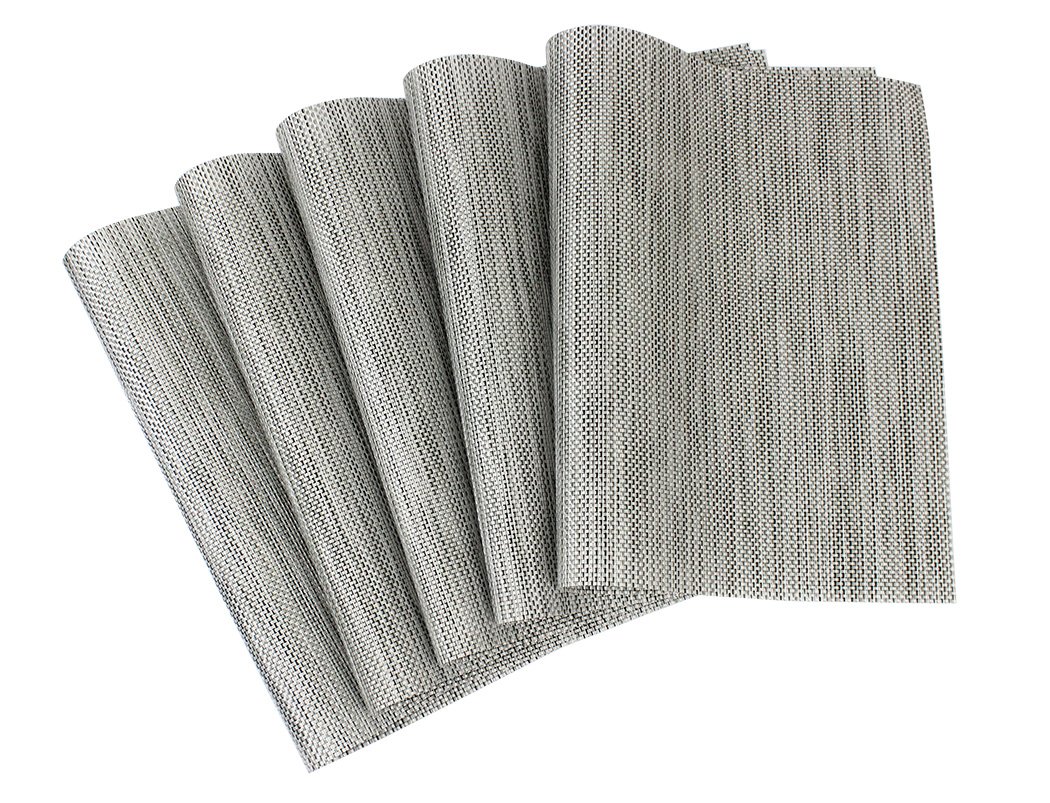 Heat-Resistant & Stain-Resistant PVC Placemats Set of 5 - Washable Vinyl Table Mats for Dining & Kitchen - Silver Woven Design (Perfect for Everyday Meals, Dinner Parties & Holiday Gatherings)