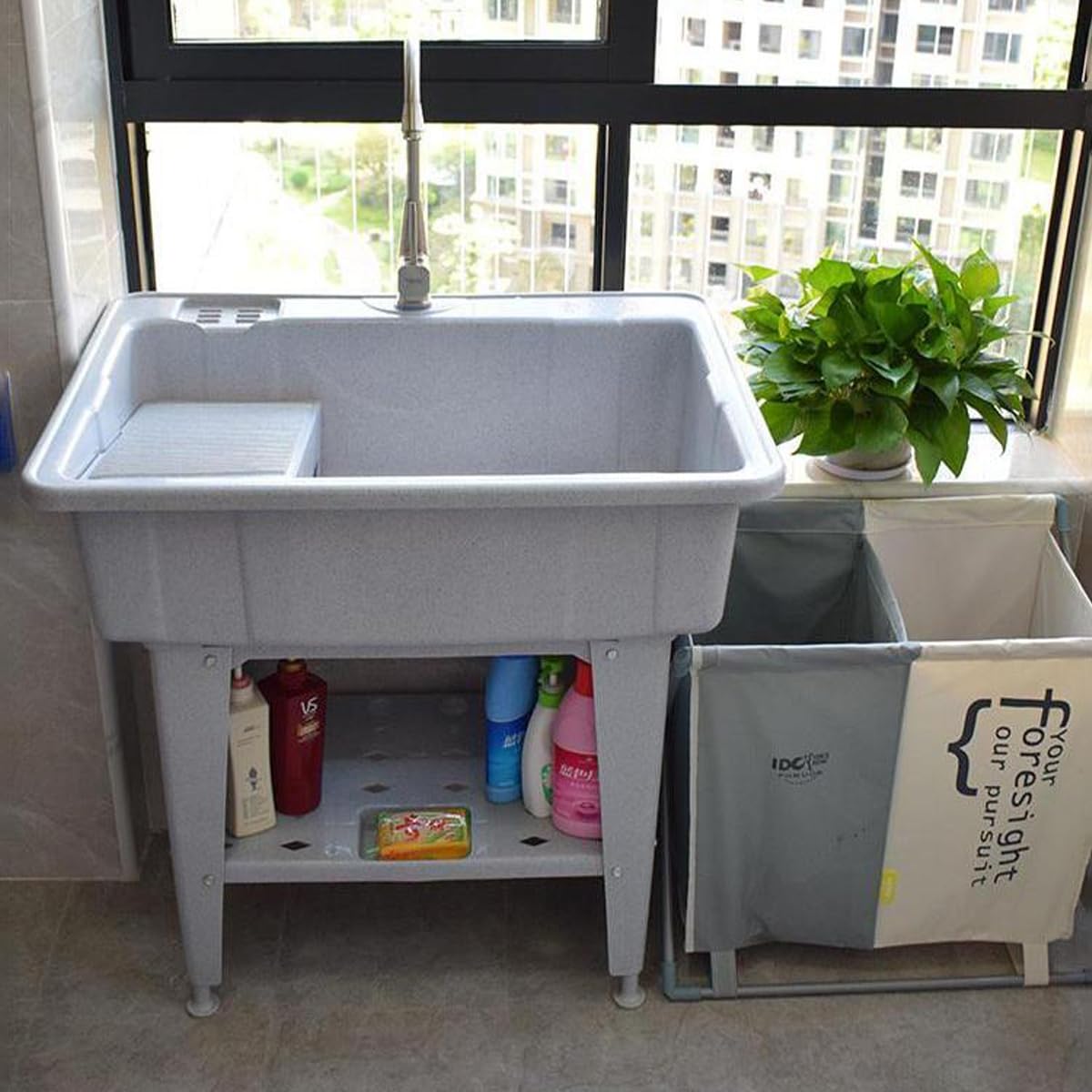 Gdrasuya10 Grey Plastic Utility Laundry Sink with Faucet - Heavy Duty Washing Station Tub for Laundry Room, Basement & Outdoor Use - Includes All Installation Kits - Perfect for Garden Cleaning, Pet Washing & Household Chores