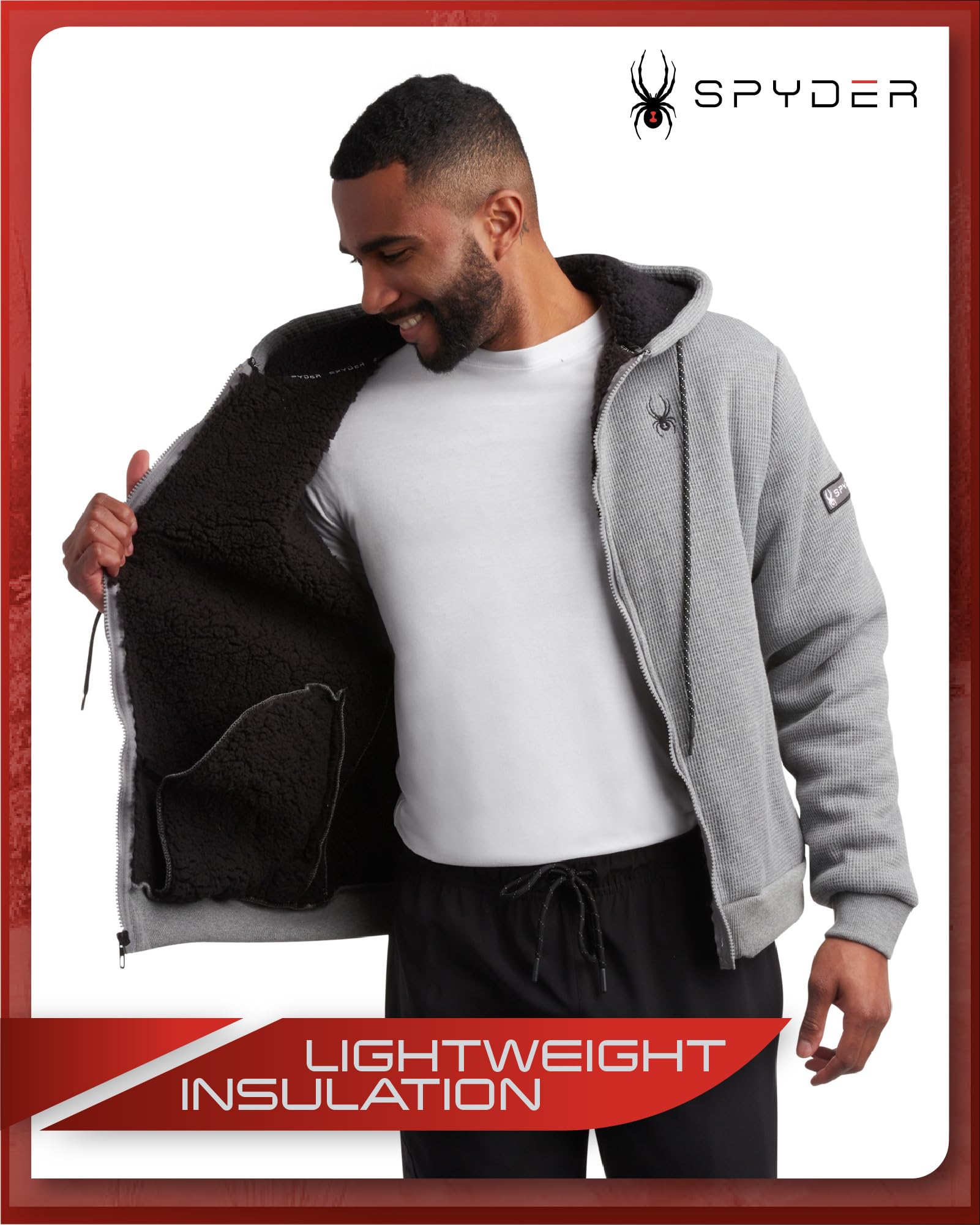 Spyder Men's Lightweight Full Zip Sherpa Lined Waffle Knit Hoodie Jacket - Cozy Fleece Lining, Comfortable Pullover (Sizes S-XXL) for Outdoor Activities, Casual Wear & Winter Layering