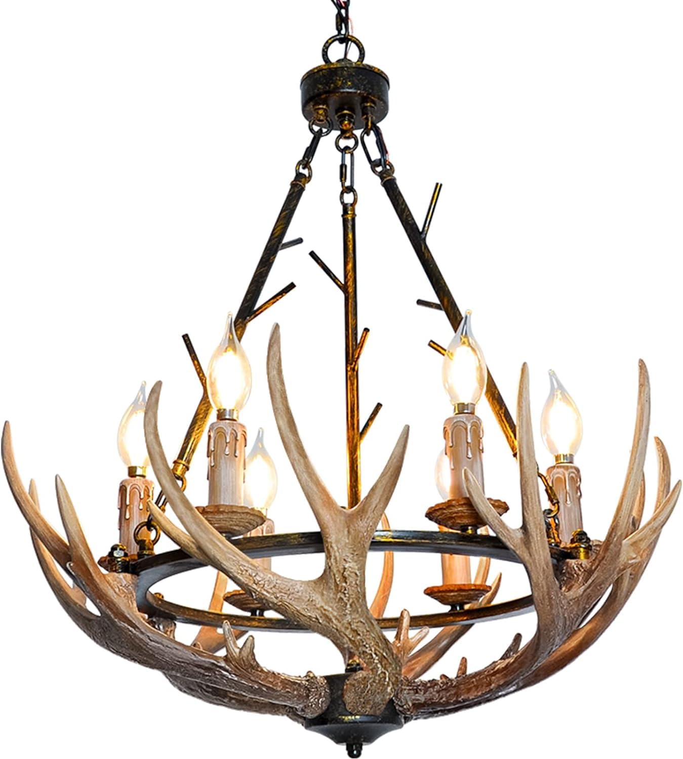 Rustic Antler Chandelier 6 Lights - Farmhouse Dining Room Lighting with Resin Antlers & Metal Wagon Wheel - Vintage Style Ceiling Fixture for Kitchen, Island, Living Room - UL Listed - Perfect for Cabin, Lodge & Country Home Decor