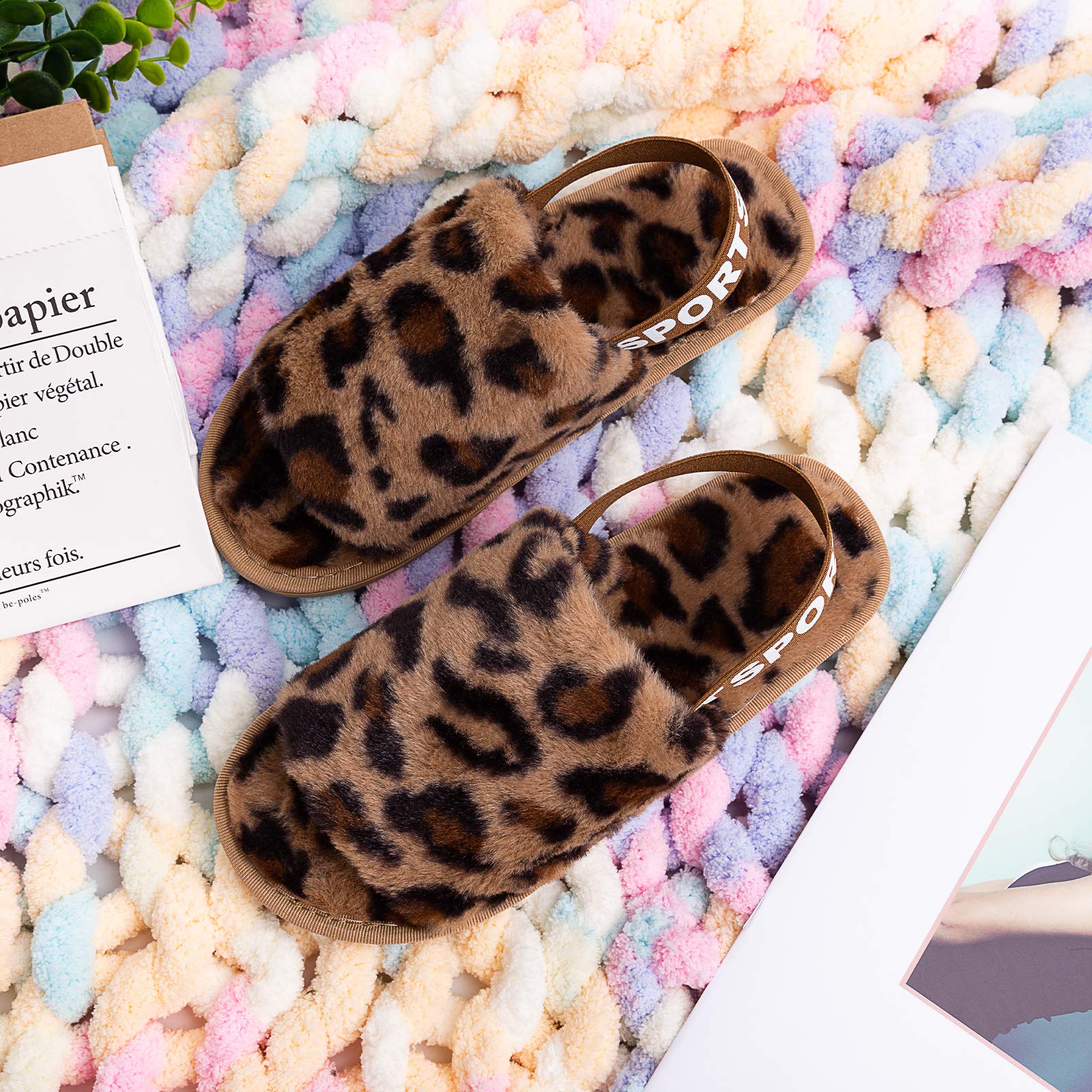 Women's Leopard Print Fuzzy Slippers - Soft Plush Open-Toe Faux Fur House Slides - Cozy Indoor Spa & Bedroom Sandals with Elastic Strap - Perfect for Relaxing at Home, Lounging & Self-Care Moments