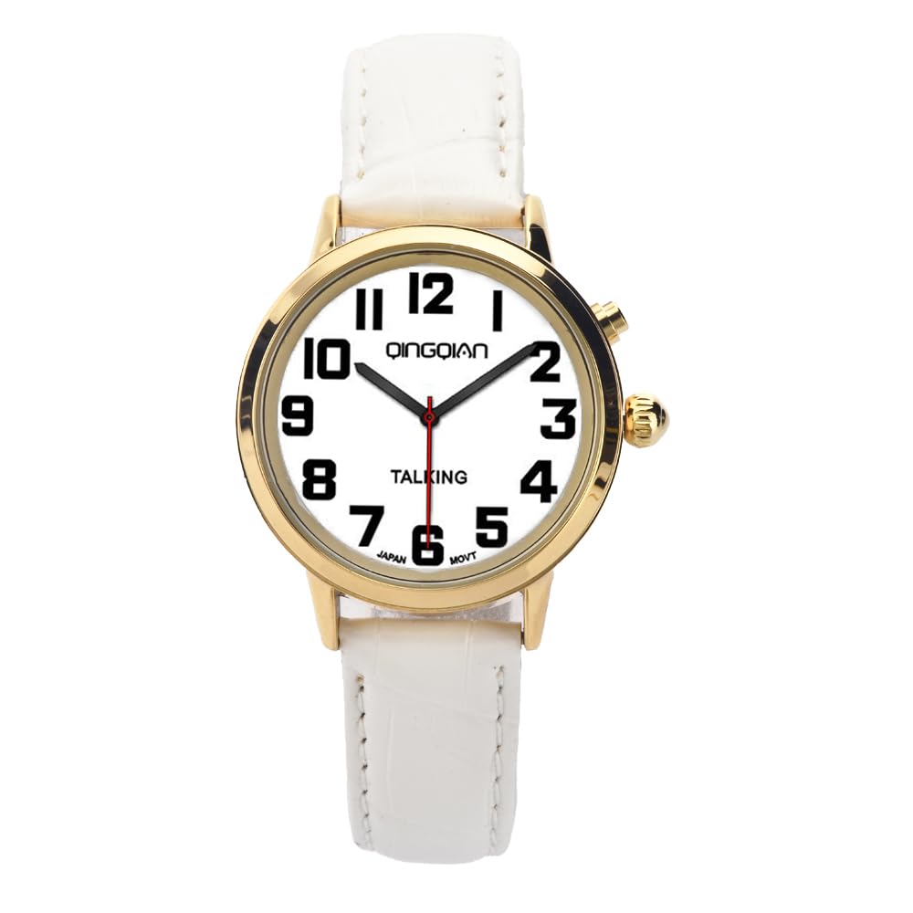 Talking Watch for Elderly & Visually Impaired - Women's Style with White Band | Easy-to-Use Voice Announcing Watch for Seniors & Low Vision Users - Perfect for Daily Time Telling, Medication Reminders & Independent Living