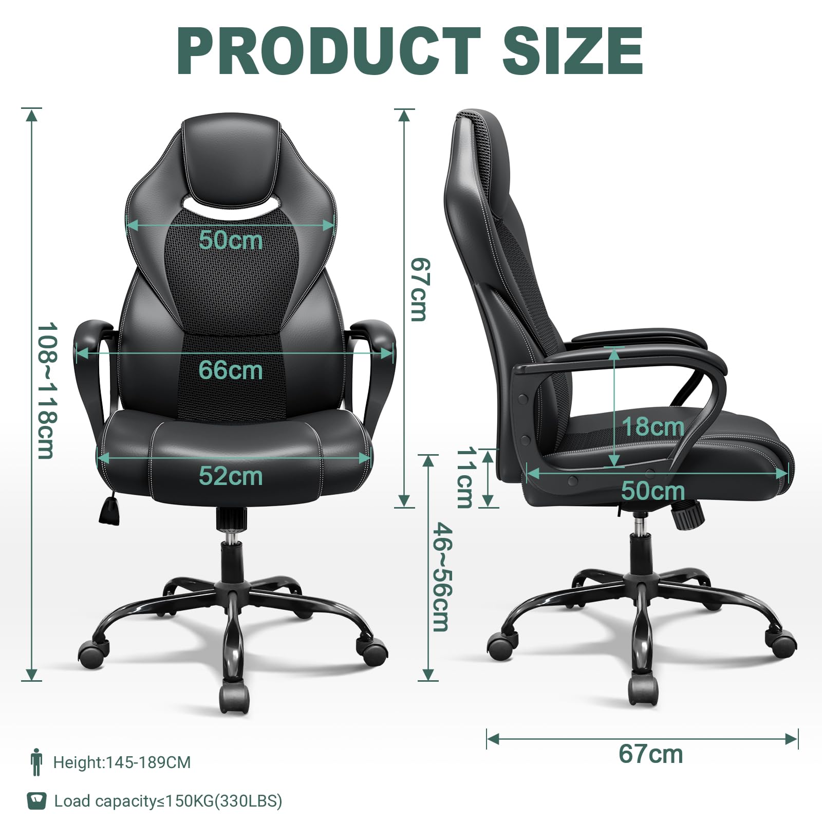 Ergonomic Office Chair - Adjustable Height Computer Desk Chair for Home, Gaming & Business, Durable Executive Chair with 150kg Weight Capacity (Black) - Perfect for Long Work Hours, Gaming Sessions & Home Office Use