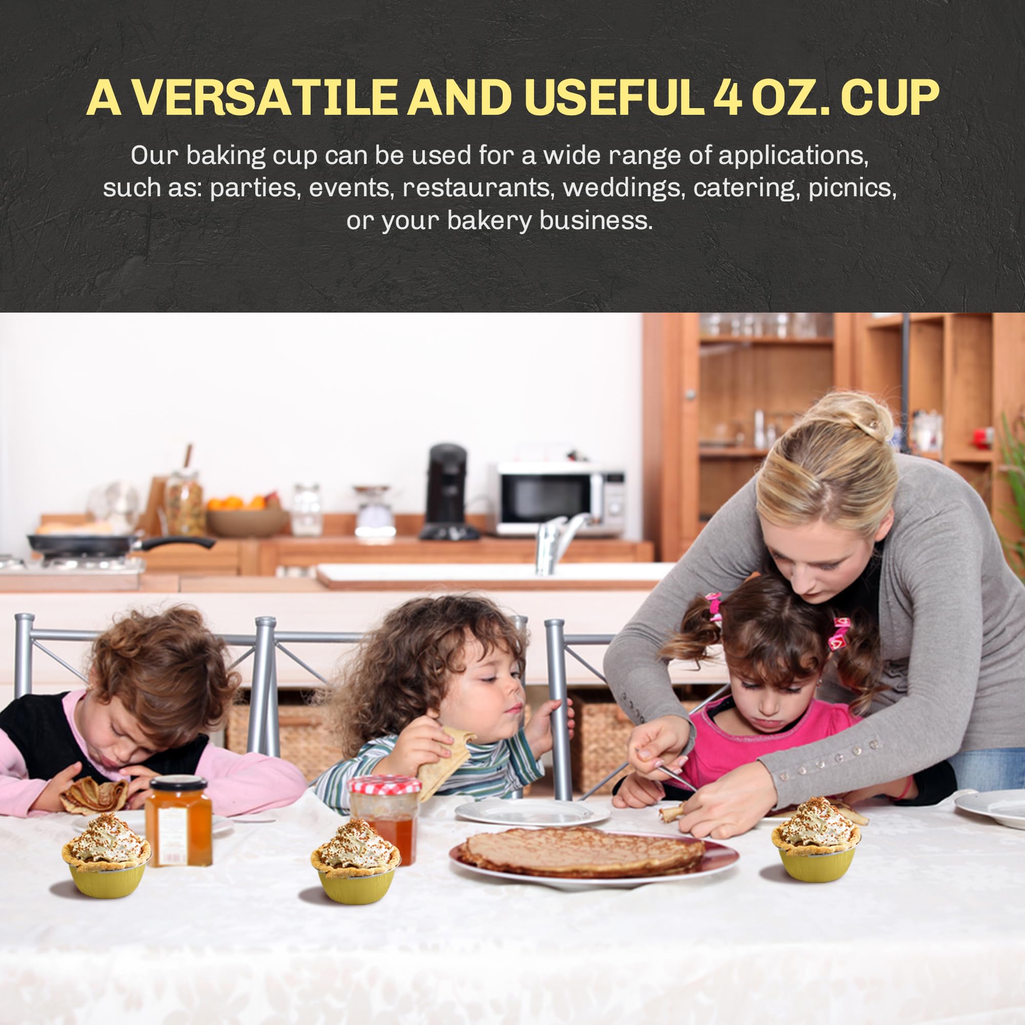 KitchenDance 4oz Disposable Colored Aluminum Baking Cups with Lids - 1000 Pack Gold Foil Pans for Creme Brulee, Flan, Cupcakes, Muffins - Stackable Baking Pans for Home & Commercial Use - Perfect for Parties, Catering & Bakery Businesses