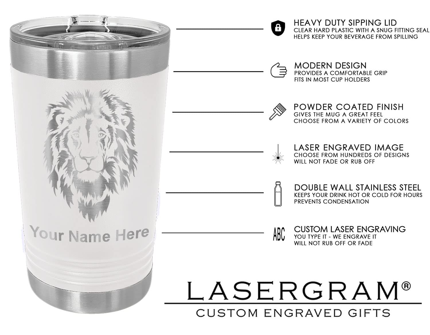 LaserGram 16oz Vacuum Insulated Stainless Steel Tumbler with Personalized Engraving - Great White Shark Design, Double Wall Insulation for Hot & Cold Drinks, Perfect for Office, Gym, Travel & Outdoor Activities (White)