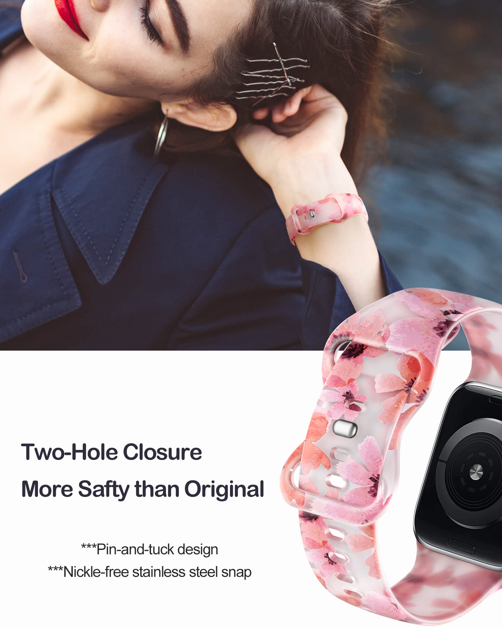 Witzon Compatible Apple Watch Band for Series 8/7/6/5/4/3/2/1/SE/Ultra - 38mm 40mm 41mm 42mm 44mm 45mm 49mm Cute Floral Print Silicone Sport Strap Replacement for Women - Perfect for Workouts, Running & Everyday Wear