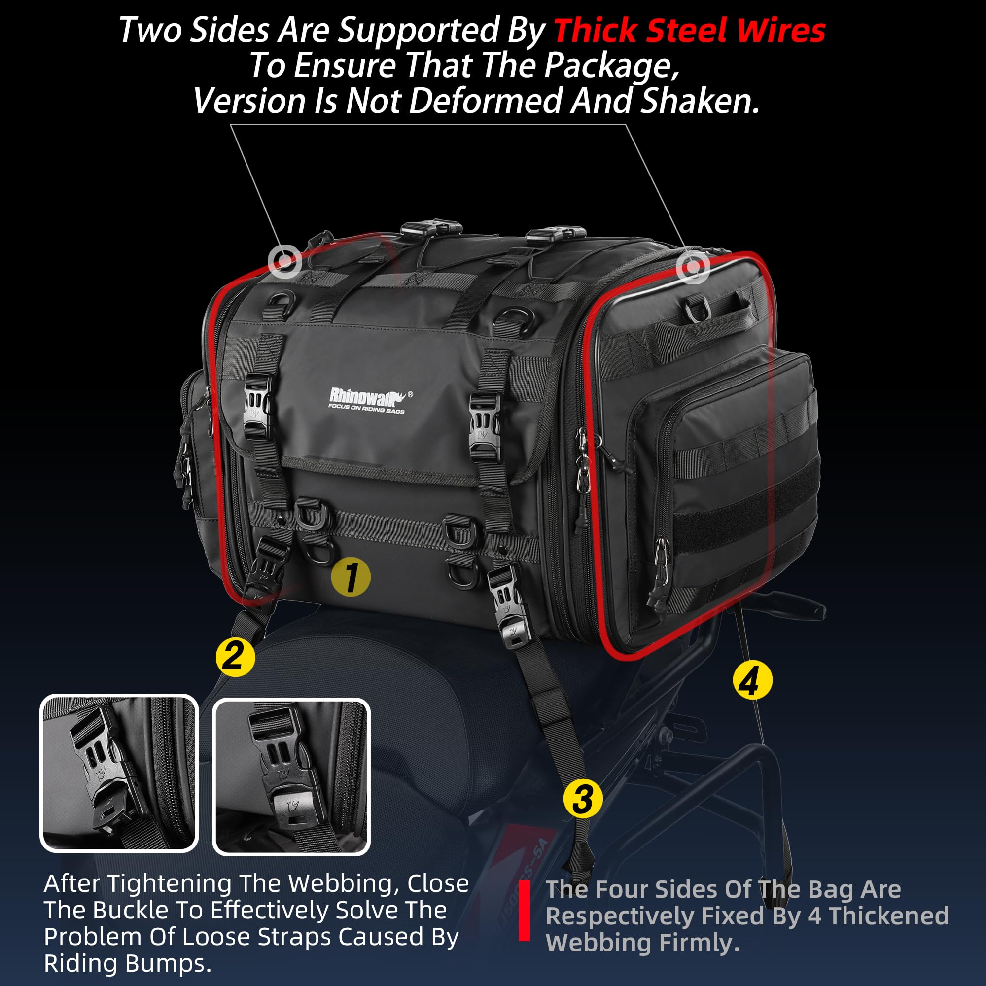Rhinowalk 80L Expandable Motorcycle Tail Bag - Waterproof Saddle Bag with Straps for Travel & Commuting