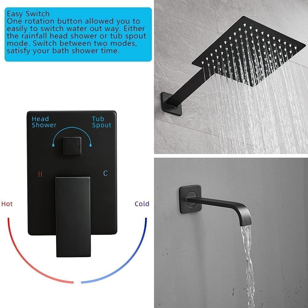 Premium Matte Black Shower Faucet Set - Luxury Rain Shower Head System with Wall Mounted Tub Spout & Single Handle Trim Kit (Includes Rough-in Valve) for Modern Bathroom Renovation | Perfect for Spa-Like Experience & Water Conservation