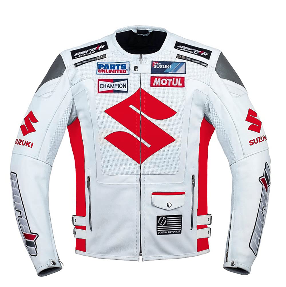 Suzuki Red Motorcycle Racing Leather Jacket for Men - High-Quality Biker Jacket with Armor Protection - Perfect for Motorcycle Riding, Racing & Outdoor Adventures
