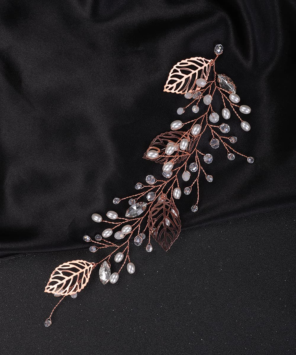 Denifery Makeup Gold Leaves Hair Vine with Pearls - Elegant Bridal Headpiece for Weddings, Prom & Special Events - Rose Gold Hair Jewelry for Women & Girls