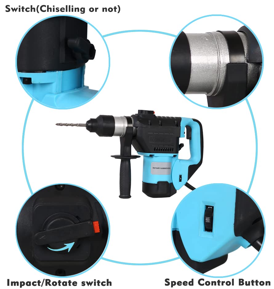 1100W SDS Plus Rotary Hammer Drill with Vibration Control - 3 Function Concrete Demolition Hammer (1-1/2