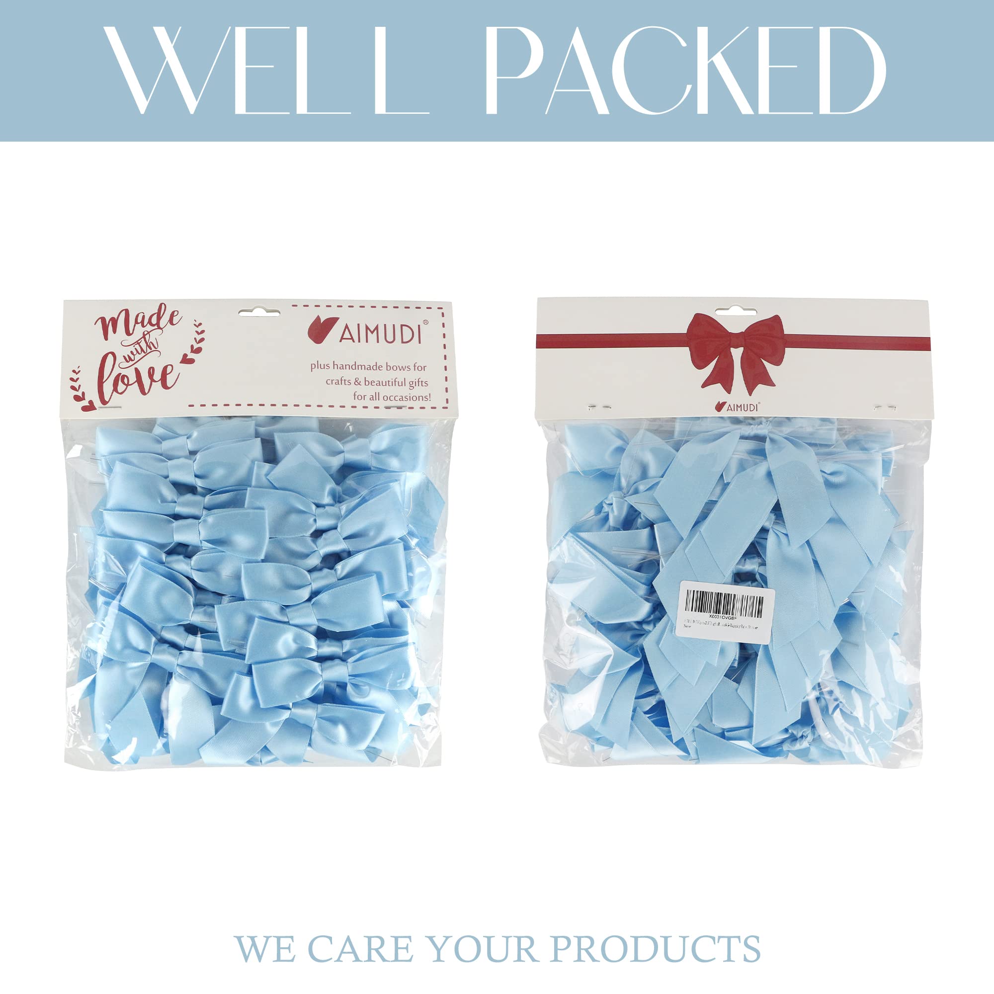 AIMUDI 3.5 Inch Light Blue Satin Ribbon Bows - 50 Pre-Tied Baby Shower Bows for Gift Wrapping, Wedding Favors, Gender Reveal, Birthday Decorations & Craft Projects - Perfect for Treat Bags, Cake Pops and Party Decor