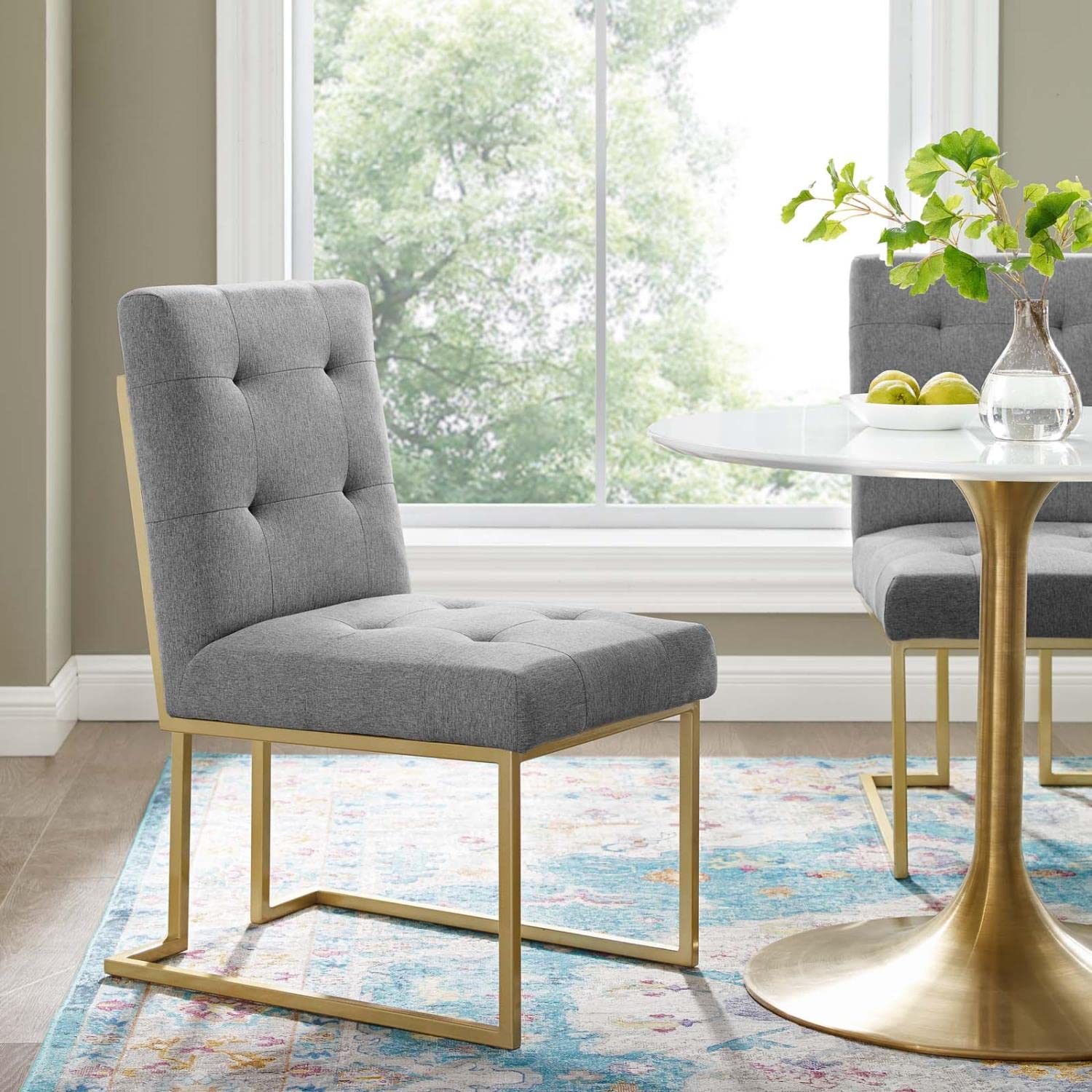 Modway Privy Upholstered Dining Chair - Stainless Steel Frame with Gold Finish & Light Gray Fabric - Perfect for Modern Dining Room, Kitchen or Office Setting
