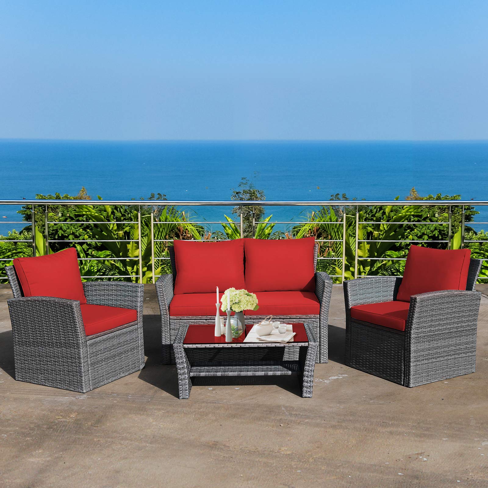 Tangkula 4-Piece All-Weather Outdoor Patio Furniture Set - Wicker Rattan Sectional Sofa with Cushions & Tempered Glass Table - Perfect for Backyard, Garden, Poolside, and Outdoor Conversations
