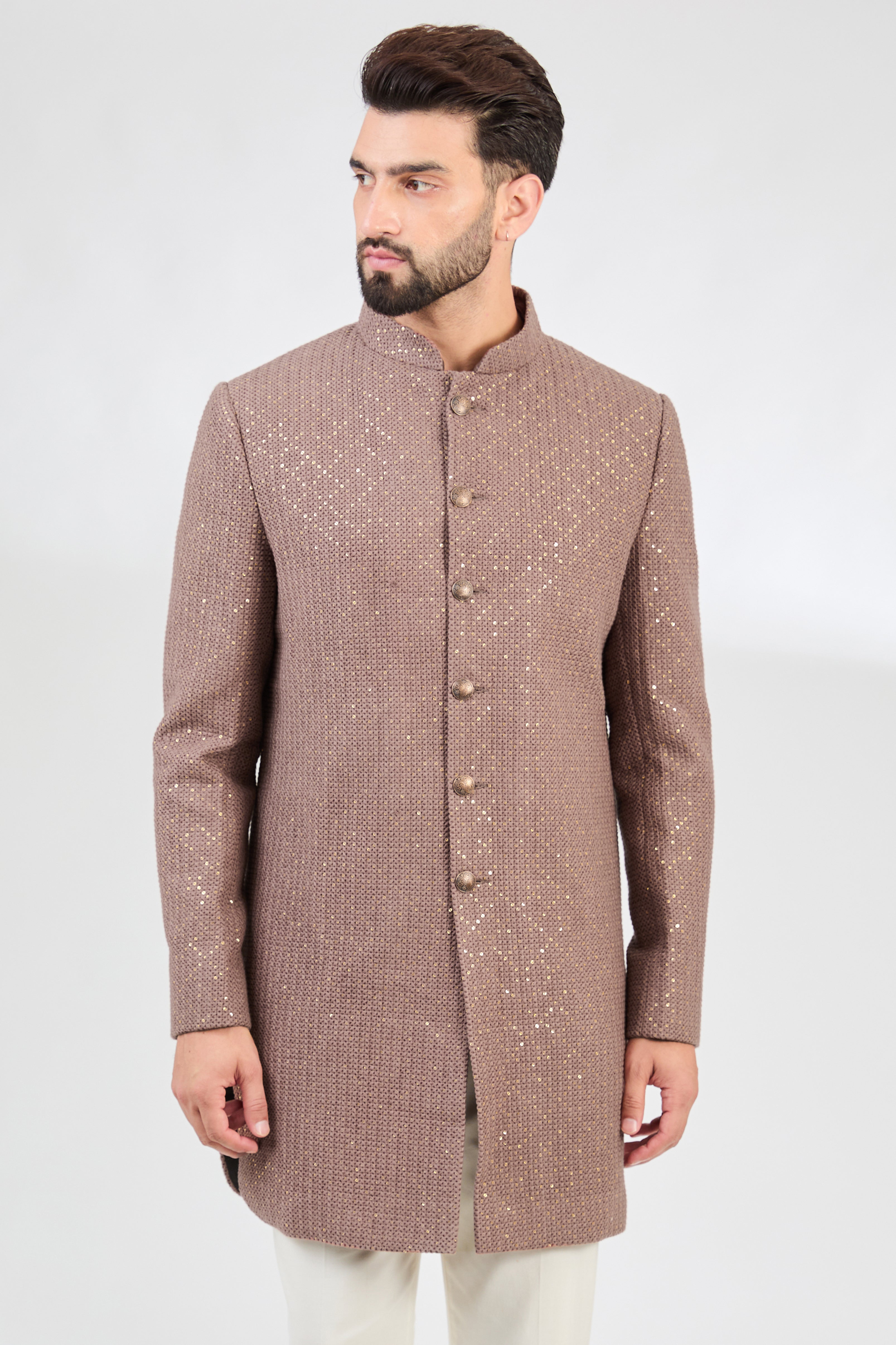 Elegant Mauve Taupe Royal Cut Short Sherwani for Men | Premium Wedding & Festive Attire | Perfect for Indian Weddings, Groom Outfits & Special Occasions