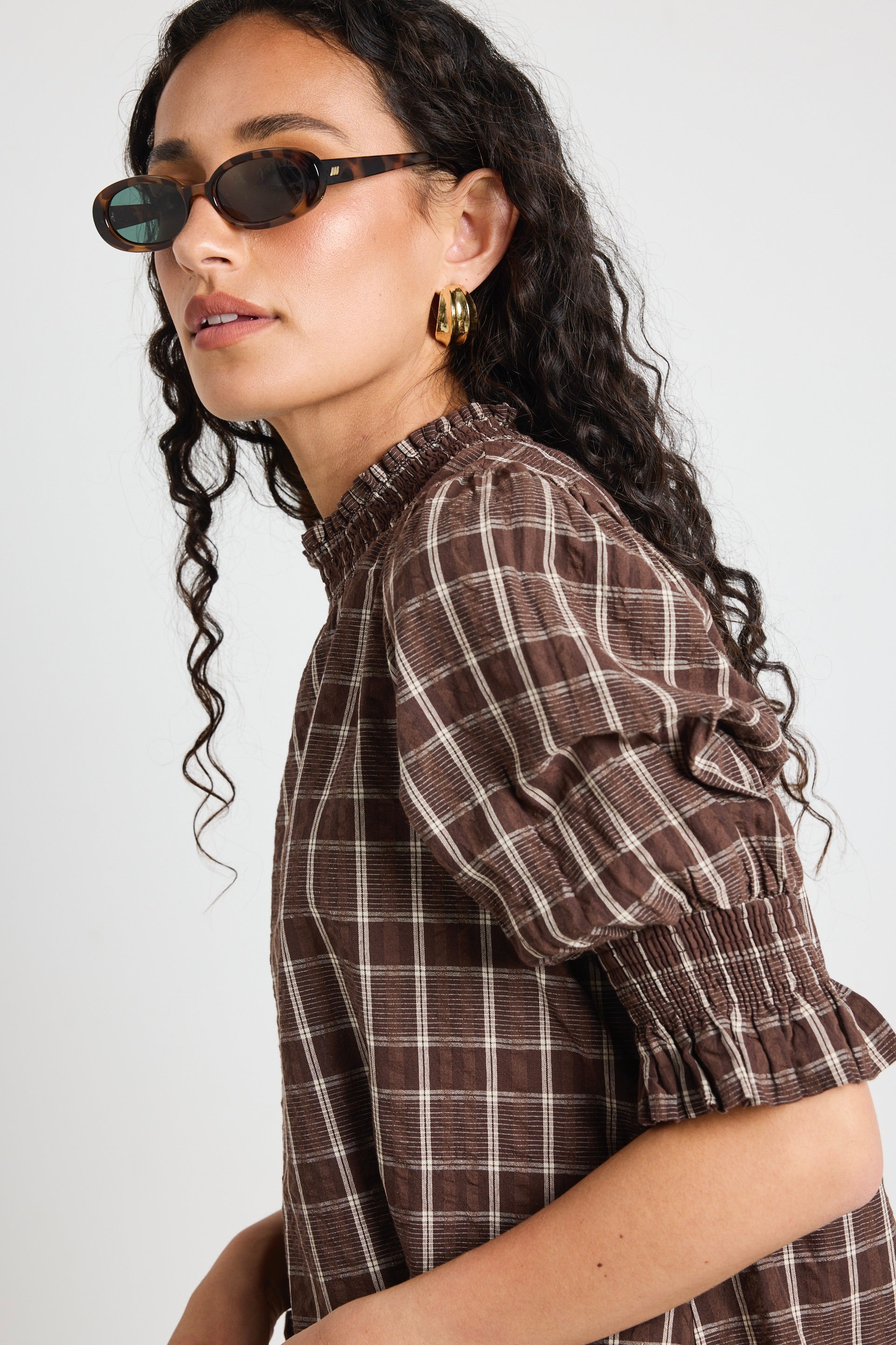 Trendy Chocolate Check Print High Neck Short Sleeve Tops for Women - Perfect for Casual Outings, Office Wear & Date Nights