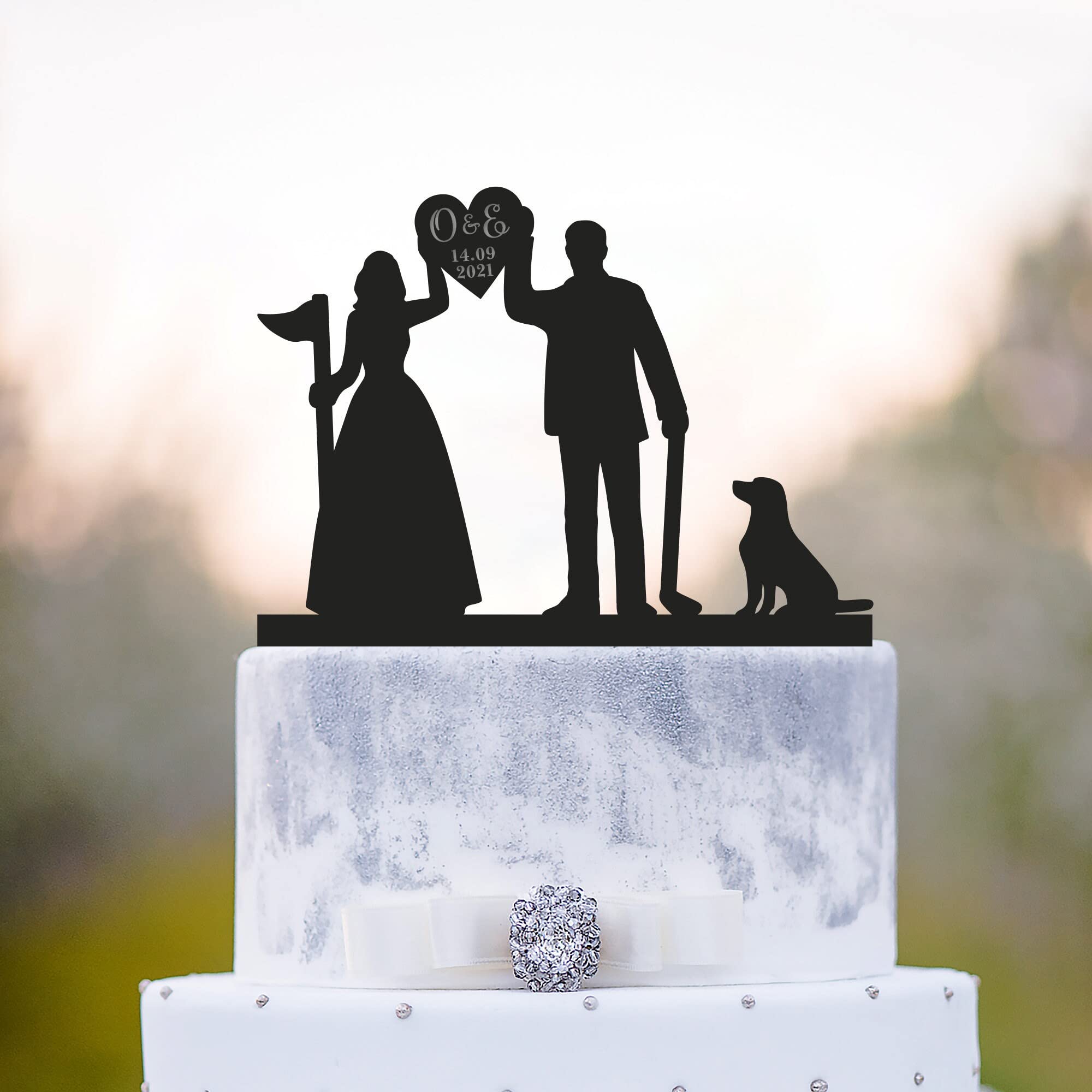 Custom Labrador Golf Wedding Cake Topper for Golf Lovers - Personalized Dog & Heart Design for Wedding Cakes | Perfect for Golf-Themed Weddings, Anniversaries, and Special Celebrations