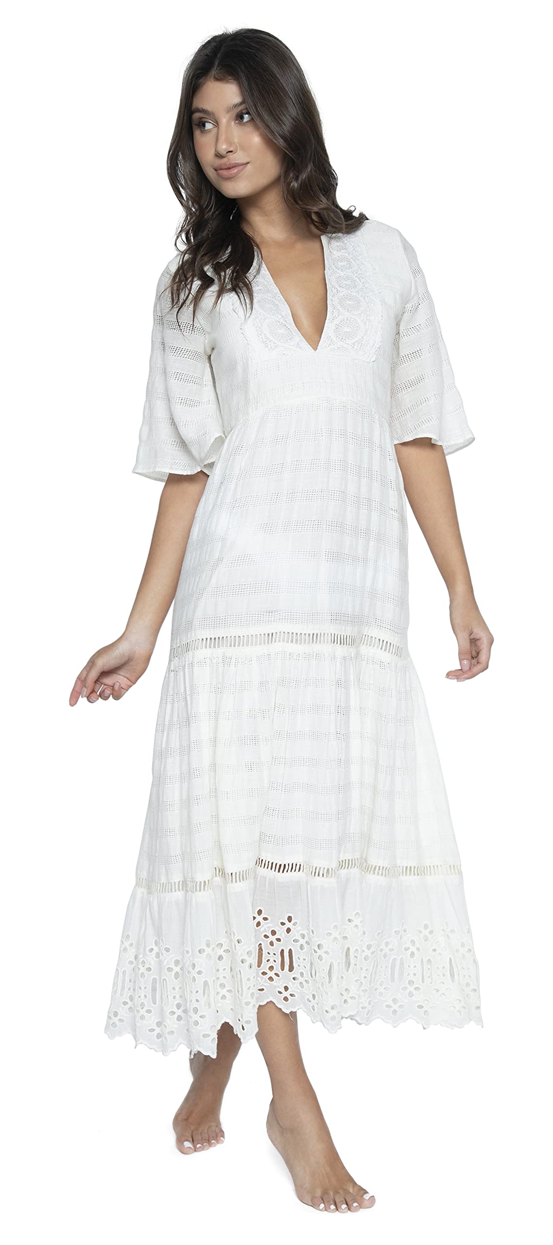 PQ Swim Women's Juniper Water Lily Midi Dress - Deep V Neckline, Elbow-Length Sleeves | Flowy Summer Beach Coverup, Poolside Resort Wear & Tropical Vacation Outfit