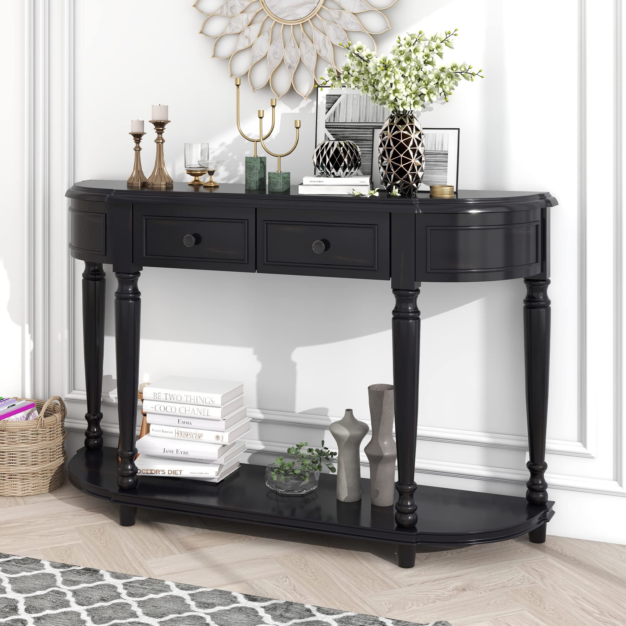 LUMISOL French Style Console Table with 2 Drawers & Bottom Shelf - Elegant Curved Wood Entryway Table for Hallway, Living Room, Foyer - Classic Black Finish | Perfect for Home Decor, Small Space Storage & Entry Organization