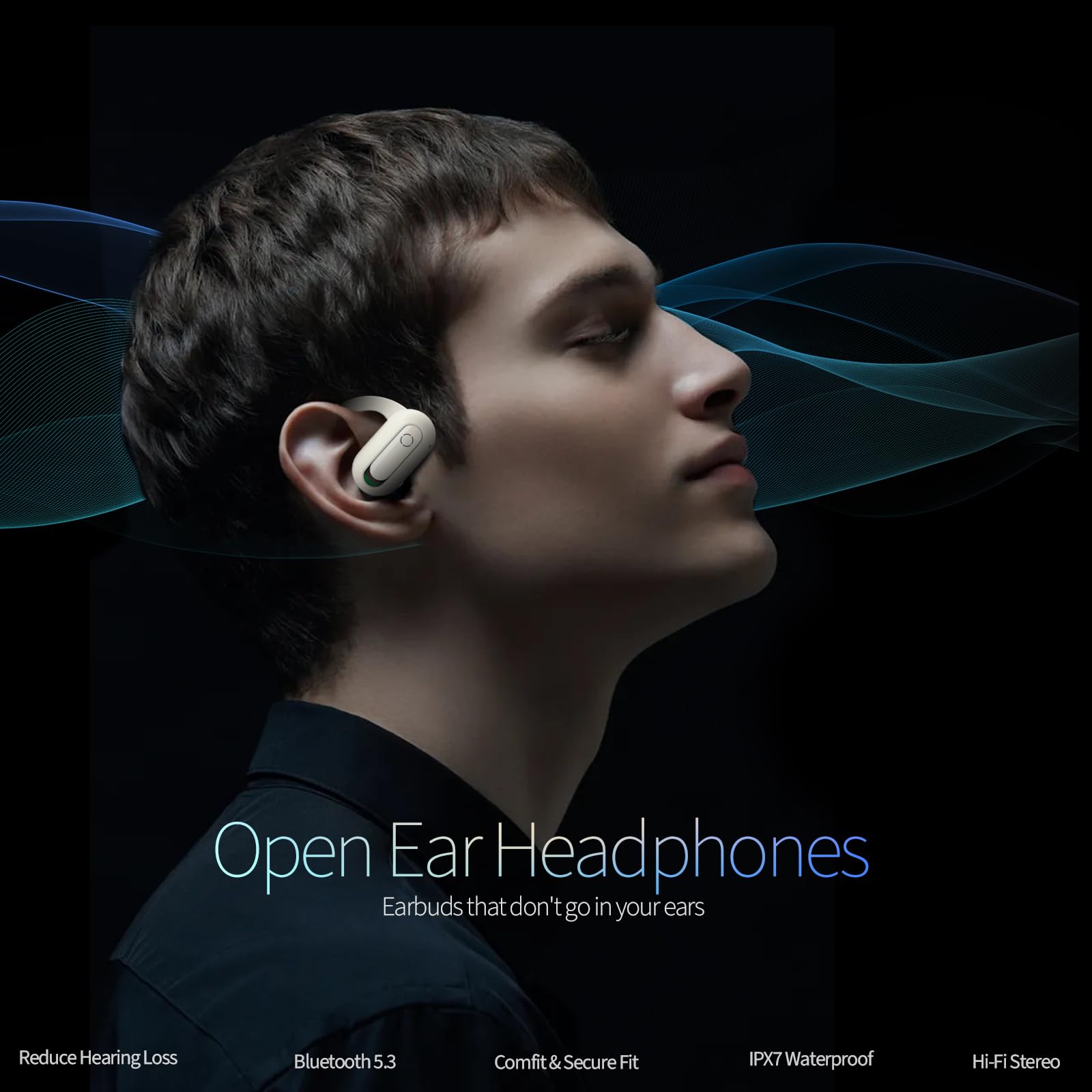 Open Ear Bluetooth 5.3 Wireless Earbuds for iPhone & Android - Rotatable Earhooks, Deep Bass, IPX7 Waterproof Headphones for Sports, Running, Cycling & Workouts - Perfect for Gym, Outdoor Activities & Office Use