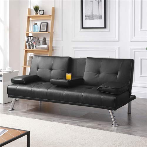 Modern Faux Leather Convertible Futon Sofa Bed with Removable Armrests & 2 Cup Holders - Space-Saving Sleeper Couch for Small Apartments, Dorms, and Guest Rooms - Perfect for Compact Living Spaces & Multi-Functional Furniture Needs