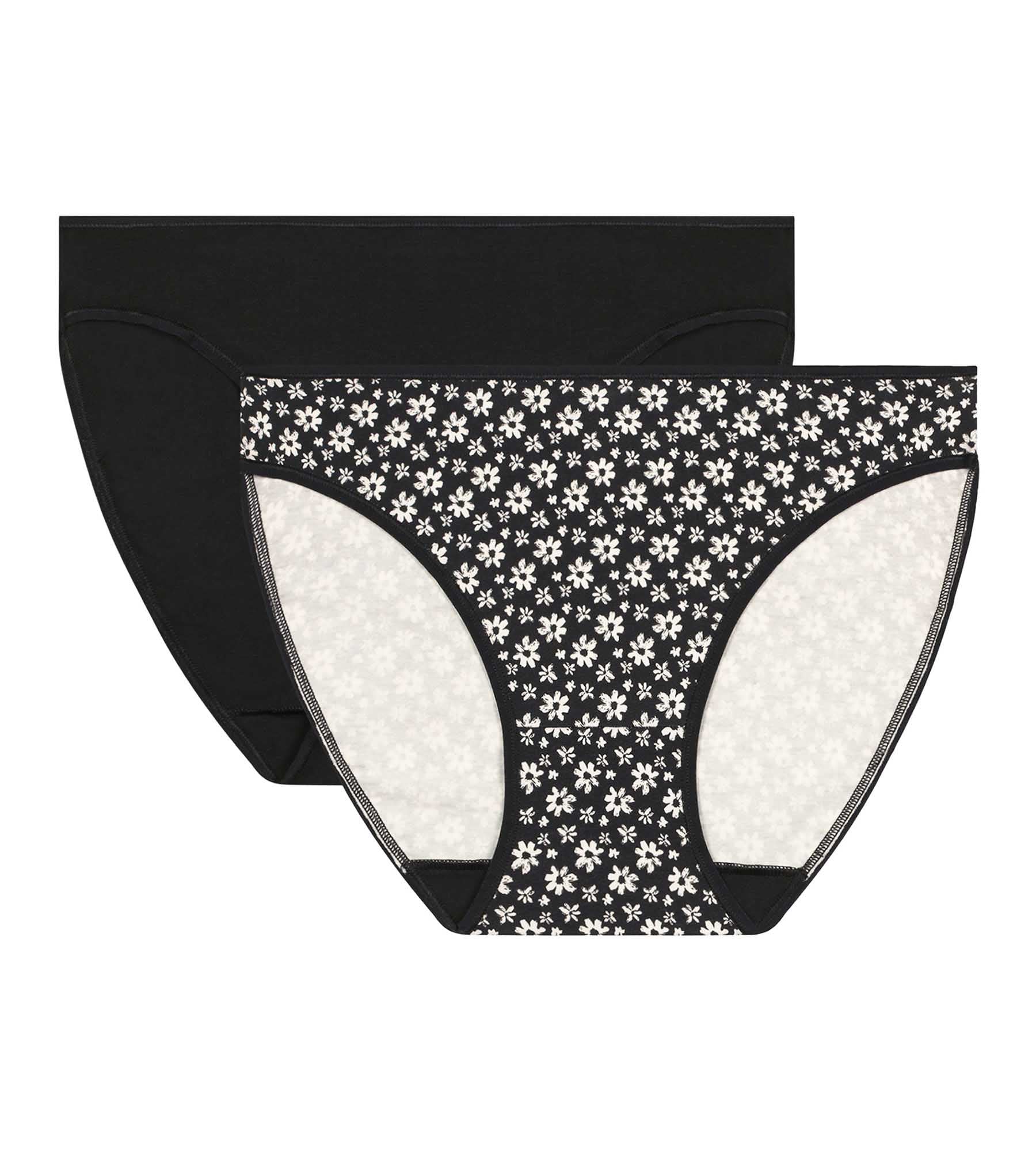 2 Pack Floral Print Women's Underwear - Black & White Cotton Stretch Panties - Comfortable for Daily Wear, Sleep & Lounge