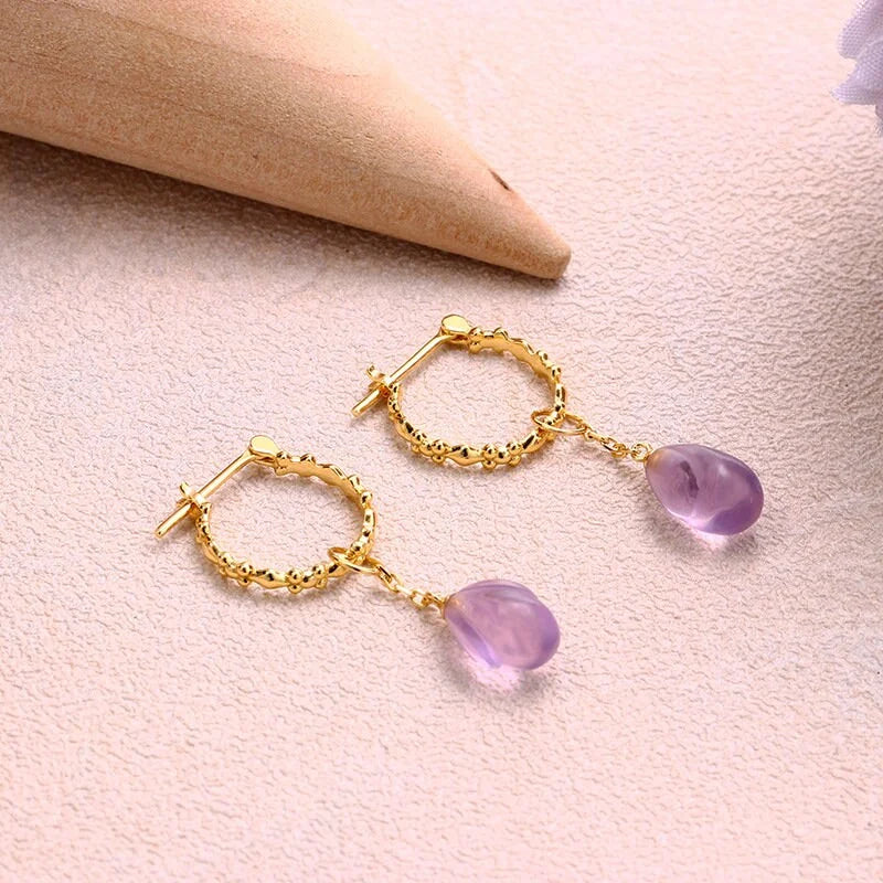 Natural Amethyst Teardrop Earrings for Women - Aquarius Zodiac Jewelry | TB1595 | Elegant Dangle Earrings for Parties, Weddings & Everyday Wear