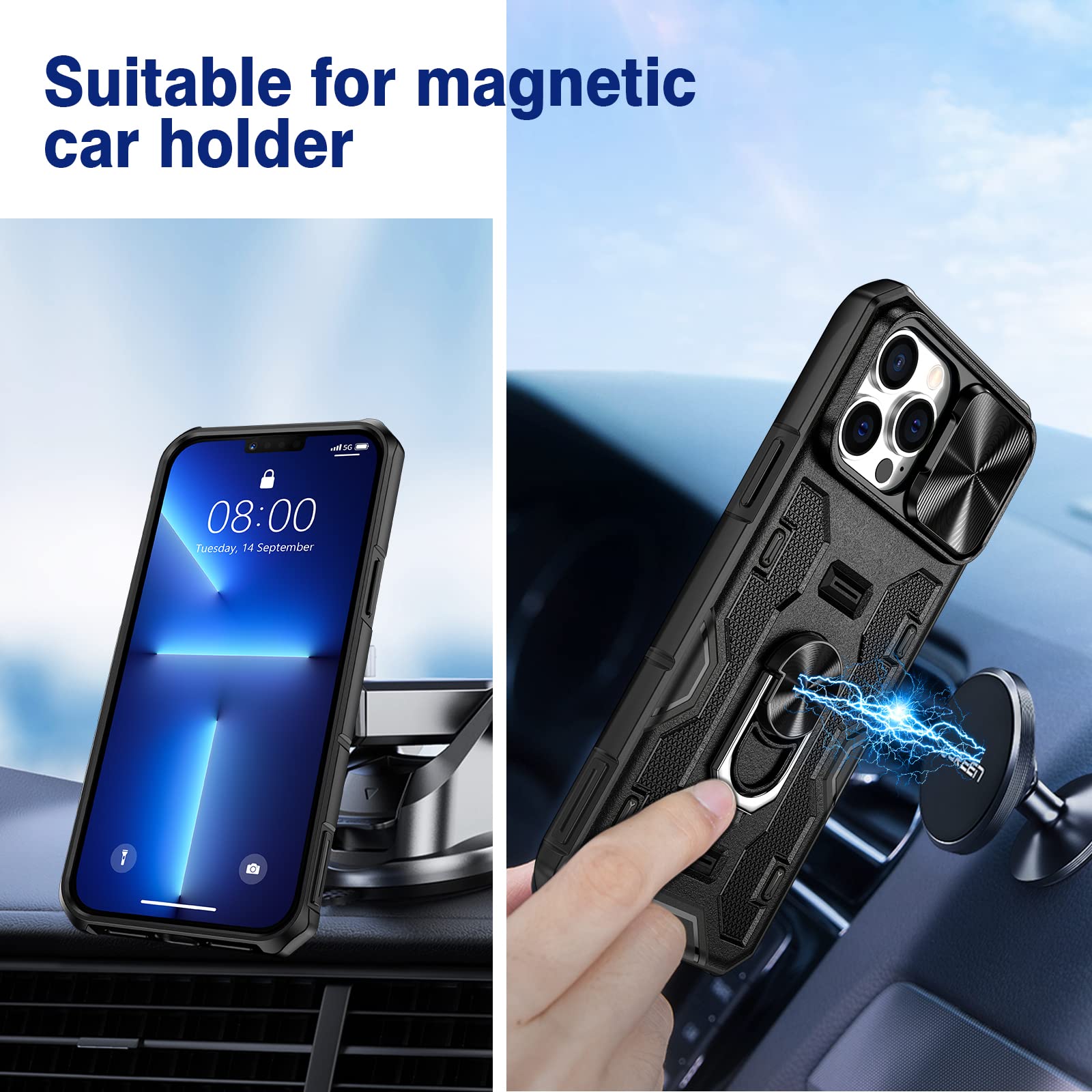 VEGO Armor Heavy Duty Military Grade Protective Case for iPhone 13 Pro Max & iPhone 12 Pro Max - Shockproof Stand, Slide Camera Cover, Rugged Holster & Magnetic Car Mount Holder - Charcoal Black - Perfect for Outdoor Adventures, Construction Work & Daily Protection