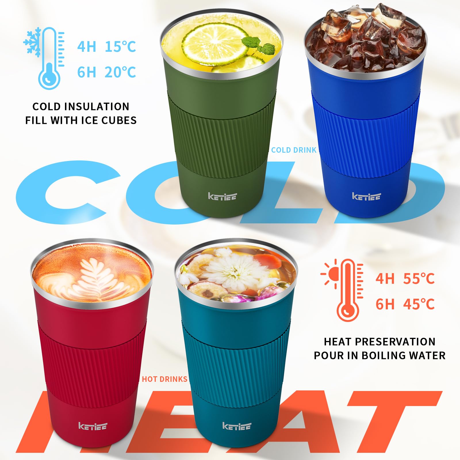 KETIEE 12oz Insulated Stainless Steel Travel Coffee Mug - Leakproof Lid, Vacuum Sealed for Hot & Cold Drinks, Reusable Coffee Tumbler for Commuting, Camping & Office (Blue) - Perfect for Coffee, Tea & Smoothies On-The-Go