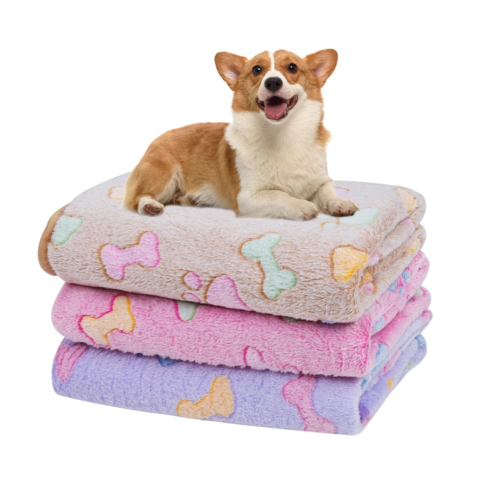 Dono 3 Pack Soft Fluffy Fleece Pet Blanket - Warm Cozy Dog & Cat Blanket with Paw Print Design for Beds, Couches & Travel - Perfect for Puppy, Kitten & Small Pets