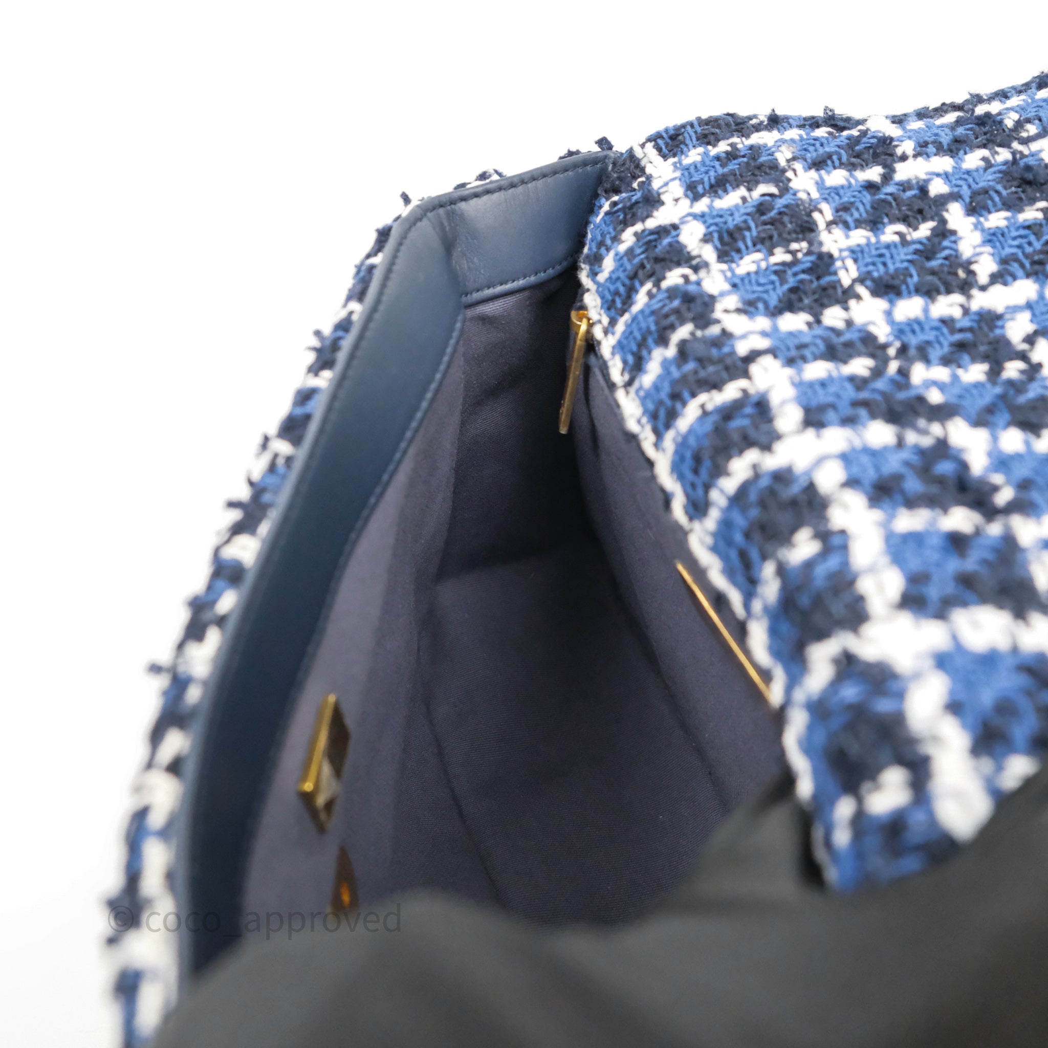 Chanel 19 Small Handbag in Blue, White & Black Grid Tweed with Mixed Hardware - Perfect for Work, Travel & Evening Events