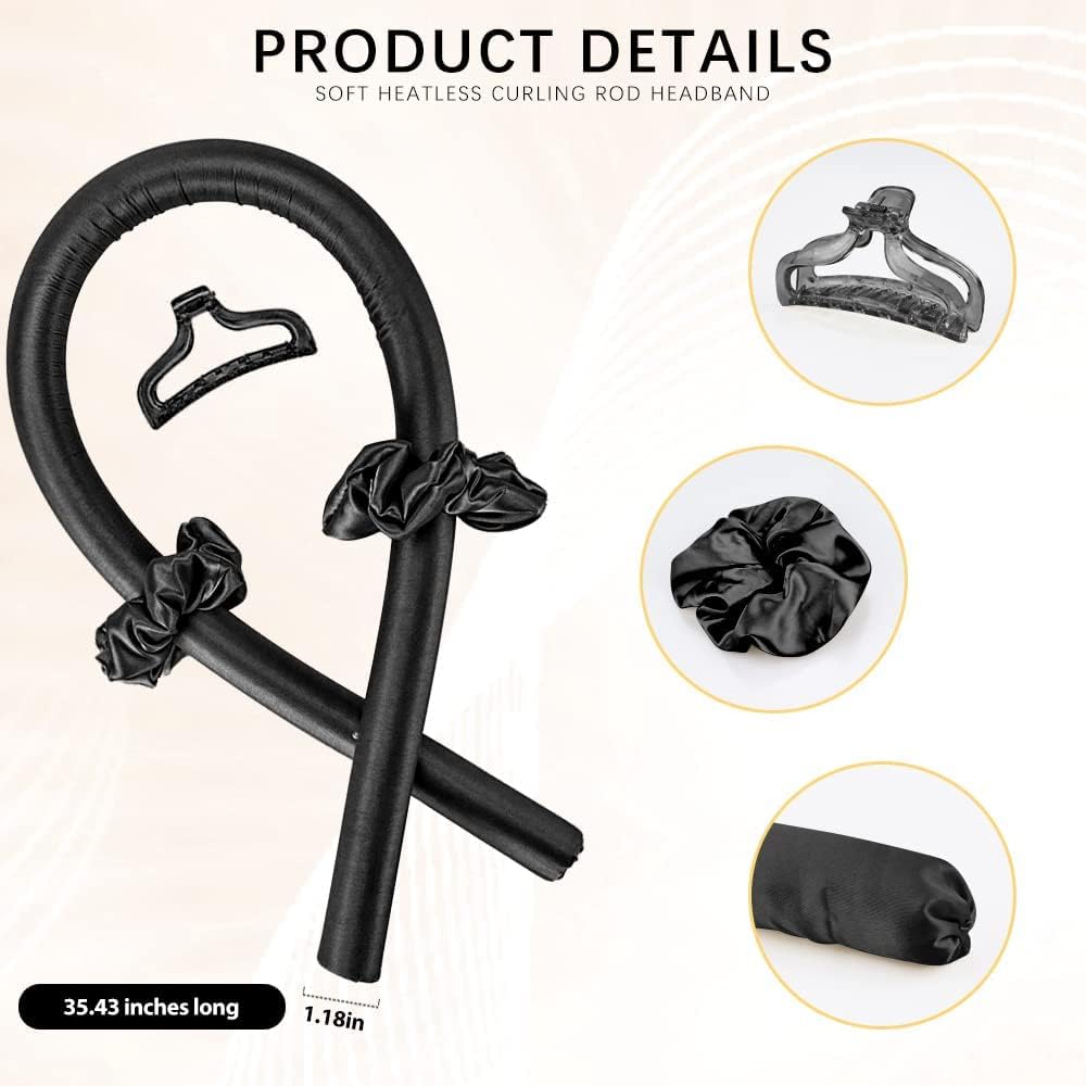 Heatless Hair Curlers for Long Hair - No Heat Curling Rod Headband for Overnight Sleeping, Soft Foam Rollers for Natural Waves & Curls (Black, Medium) | Perfect for Bedtime Styling & Damage-Free Hair Care